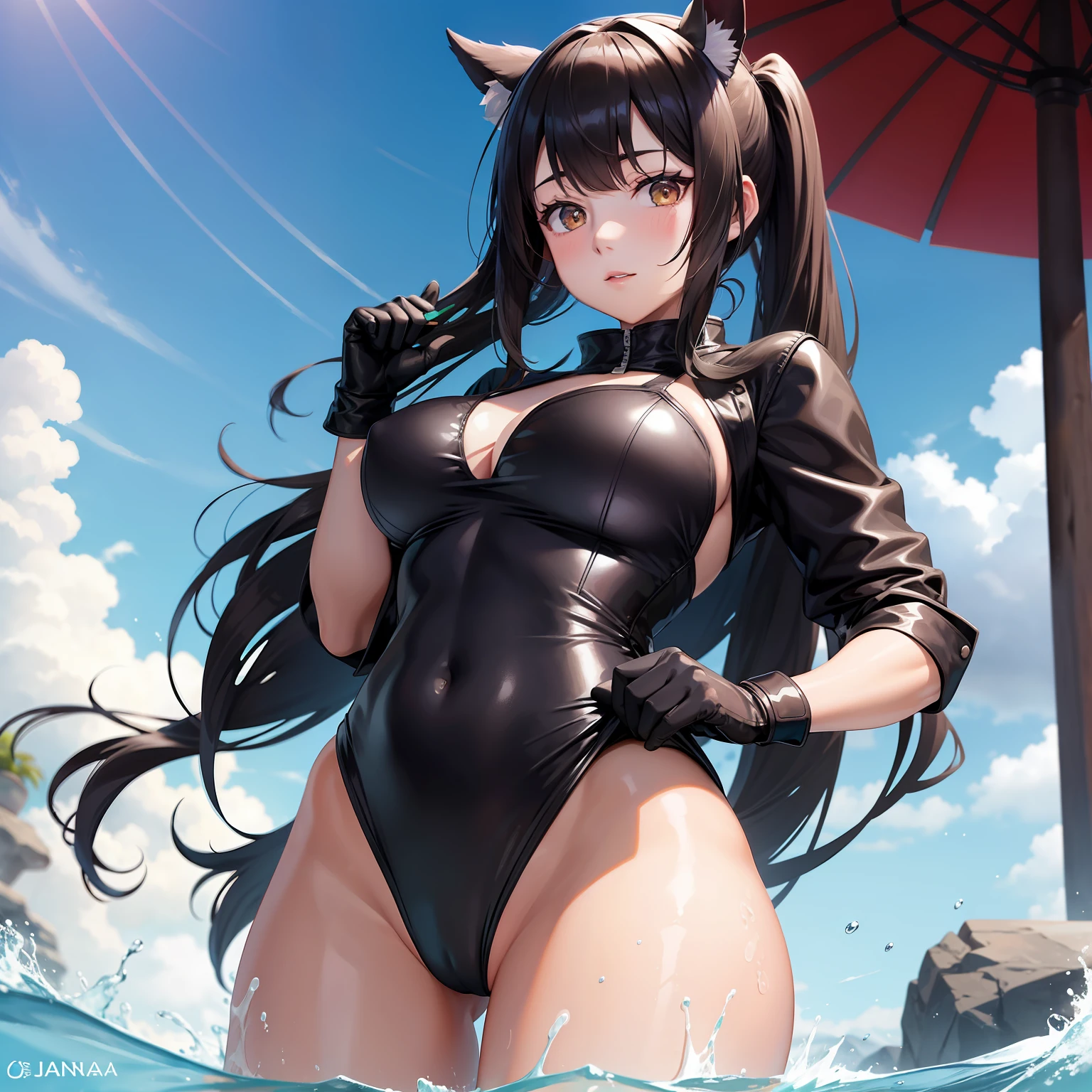 A dark-haired, poneyTail,japanes, gloves ,swim wears