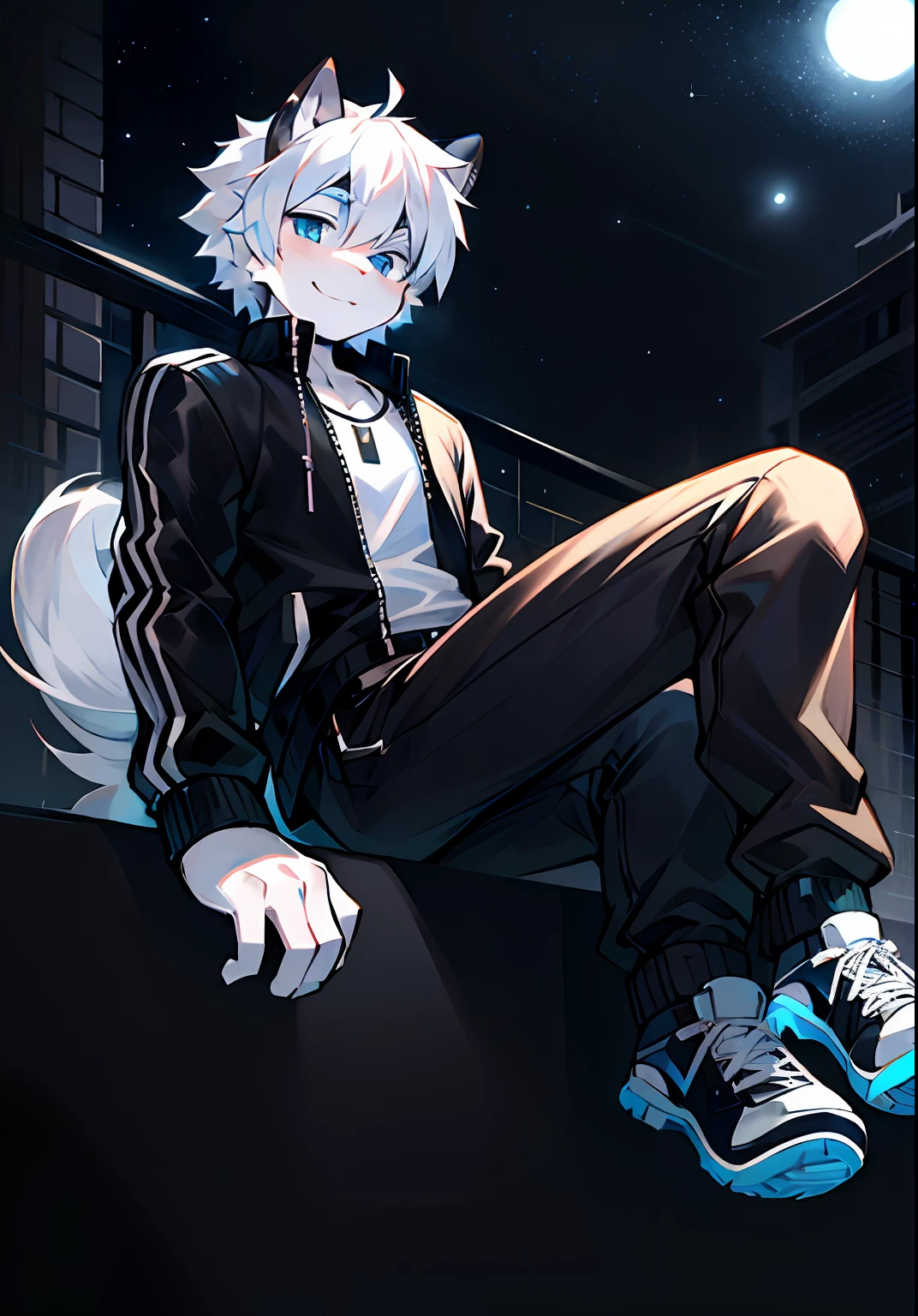 Male cute,Black and white baseball jacket,Black pants,Black canvas shoes,White hair,Light blue eyes(Starry nights1.2)(A faint smile)