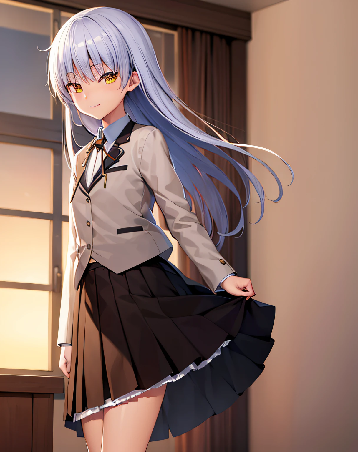 ((masterpiece)), ((best quality)), ((highres)), ((extremely detailed CG unity 8k wallpaper)), solo, tachibana kanade, black skirt, white socks, small smile, classroom