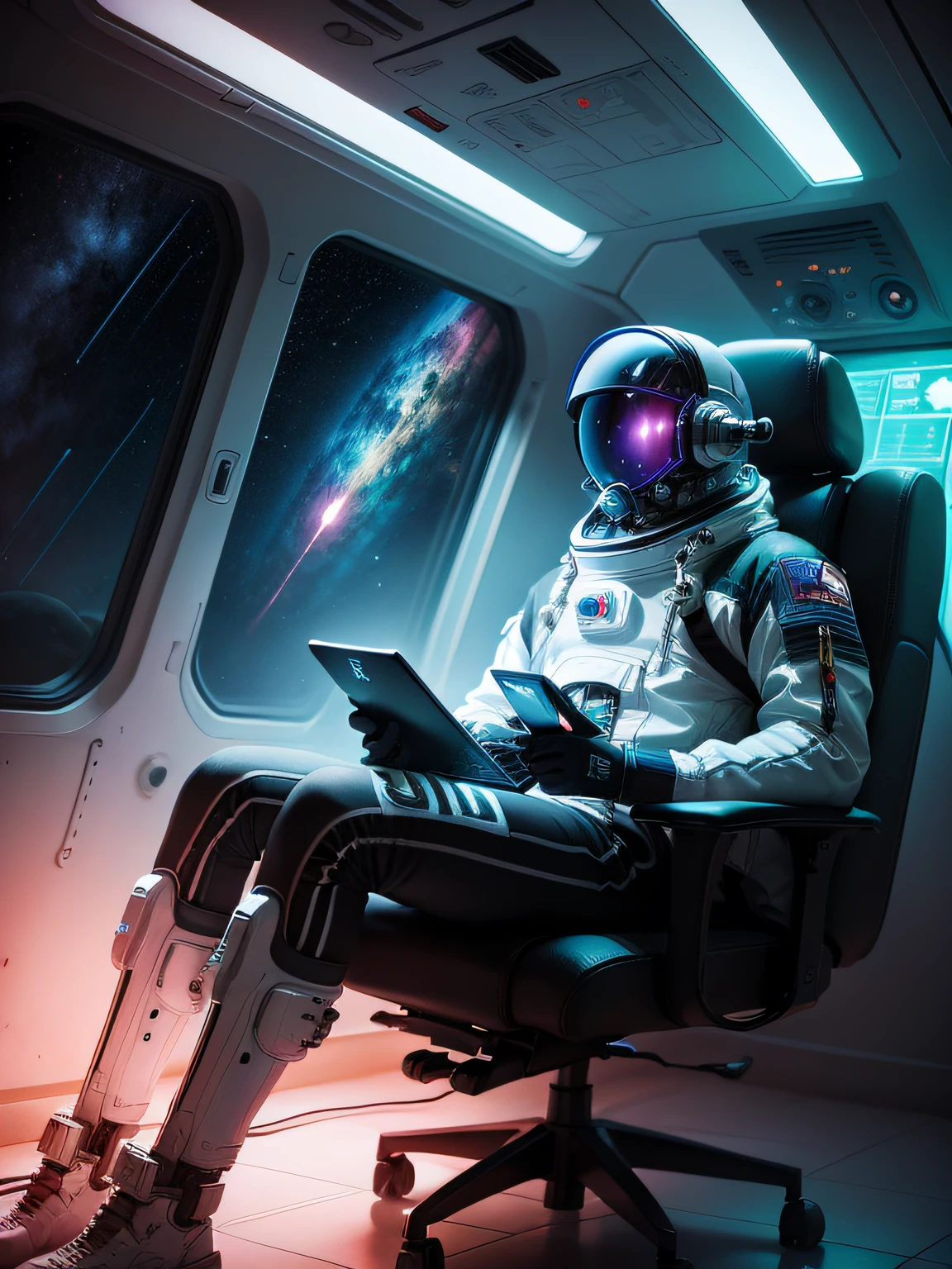 astronauta em uma nave espacial, Estilo cyberpunk, Estilo neon