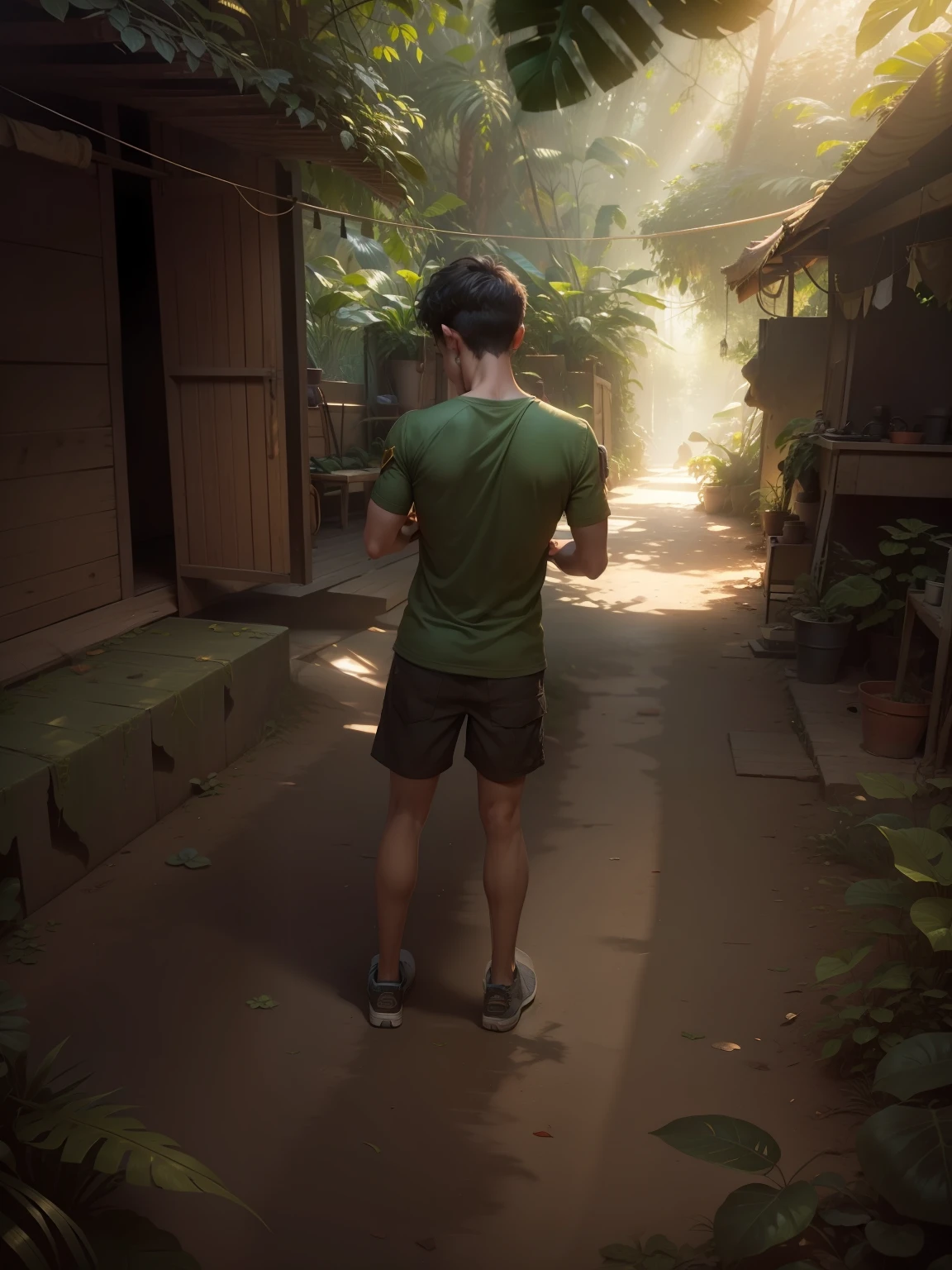 An adult boy,jungle place, sunlight,,realistic,8k