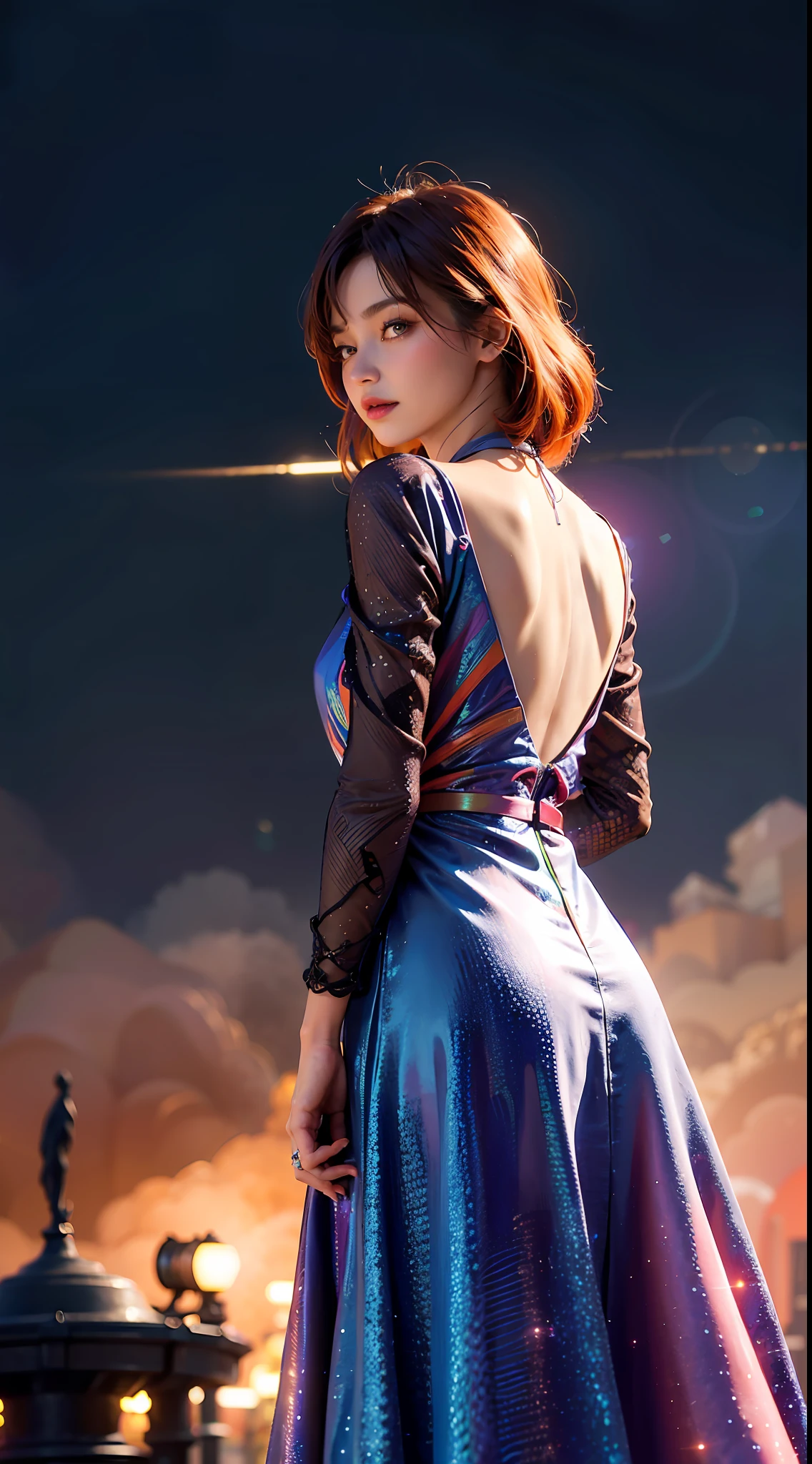 Some girls take selfies at food festivals, absurdres, highres, (ultra-detailed background, detailed back ground), extremly detailed, artist style, material effects, upper body, galaxy multicolored hair in new york city at night with orange fog, cybercity, professional lighting, photon mapping, radiocity, physically-based rendering, long dress with vintage flower