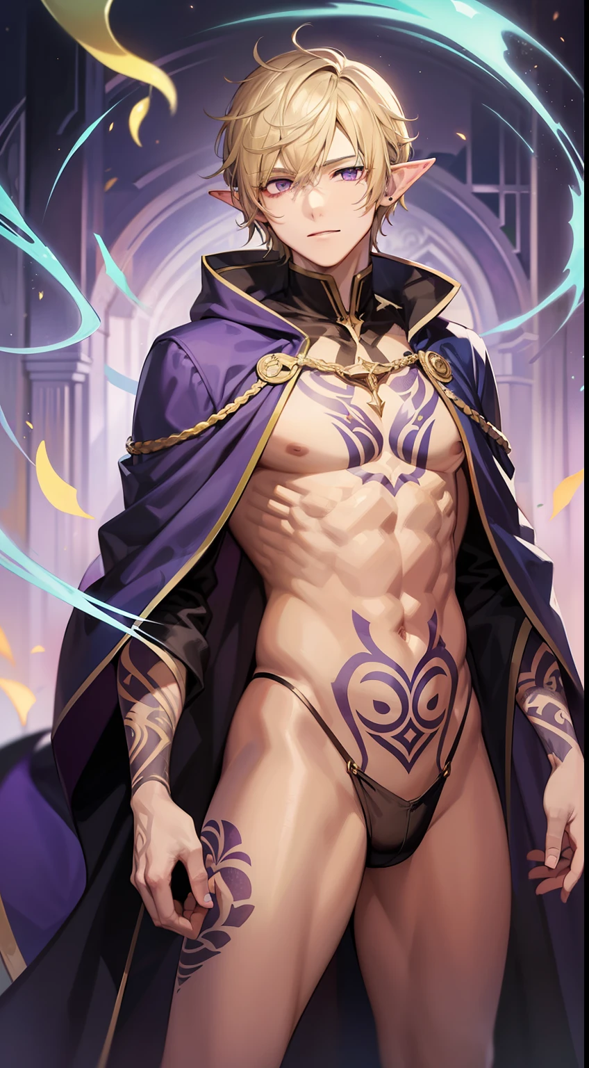 Young guy, longue blonde hair, violet eyes, elf ears, An open robe of a magician, Magic tentacles, purple tattoos, Runes, Masterpiece, hiquality