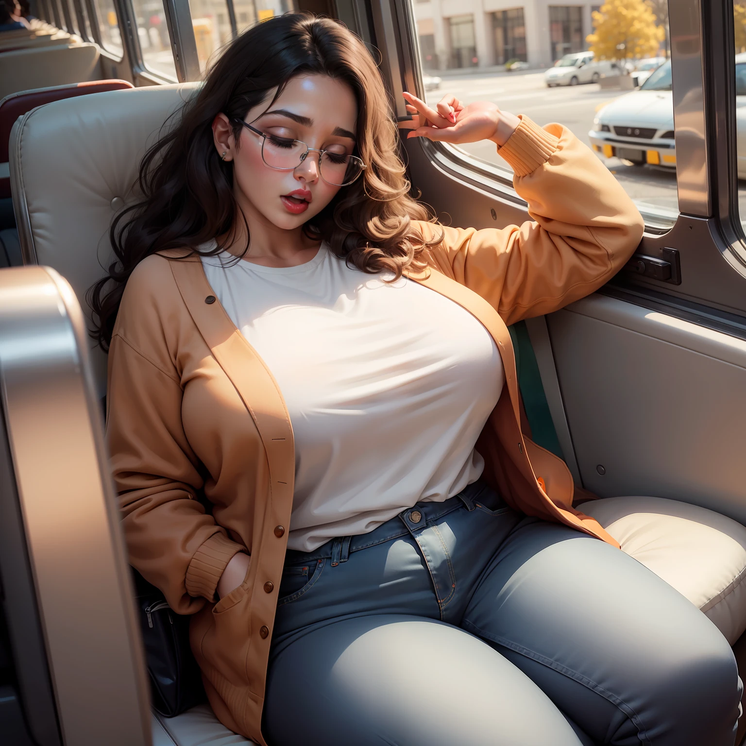 1 beautiful woman, drooling, sleeping with her mouth open, lips parted, sleeping sitting on the bus seat, wavy hair; White shirt; orange full-length jacket; brown wallet; curvy woman; chubby woman, outlined eyes, latin woman, glasses, jean pants, eyes closed, head resting on the seat, sitting near the window, head raised up with open mouth, eyes closed, red lips