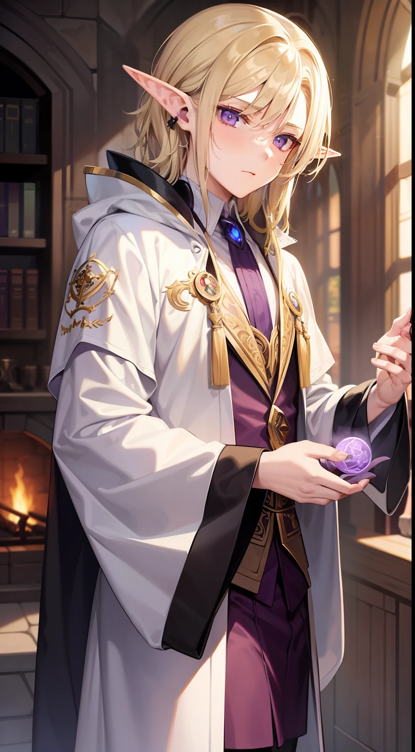 Young guy, longue blonde hair, violet eyes, elf ears, An open robe of a magician, Magic tentacles, purple tattoos, Runes, Masterpiece, hiquality