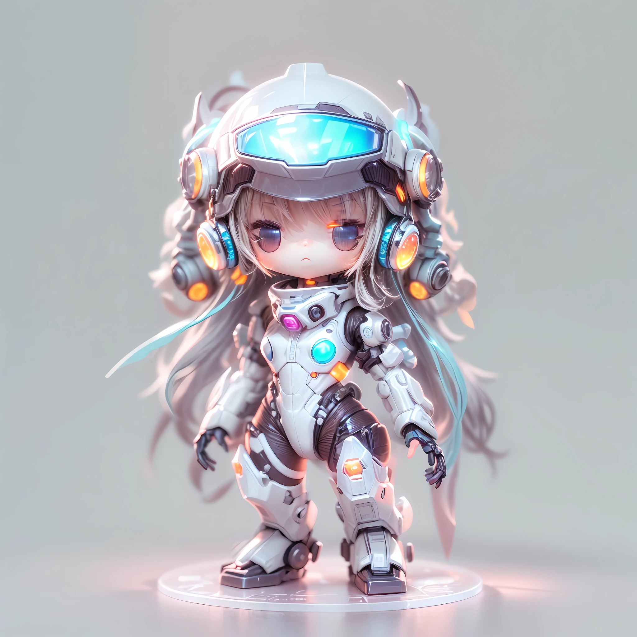 (Blind box toy style:1.2), (Full body shot) , 1 Transparent cute girl, Transparent mech, Exquisite helmet:1.2, Luminous goggles:1.2, Cyberpunk, dreamy glow, Clean, White background, ( Global illumination, Ray traching, hdr, unreal render,reasonable design, high detal, Masterpiece, Best quality, hyper HD, Cinematic lighting)