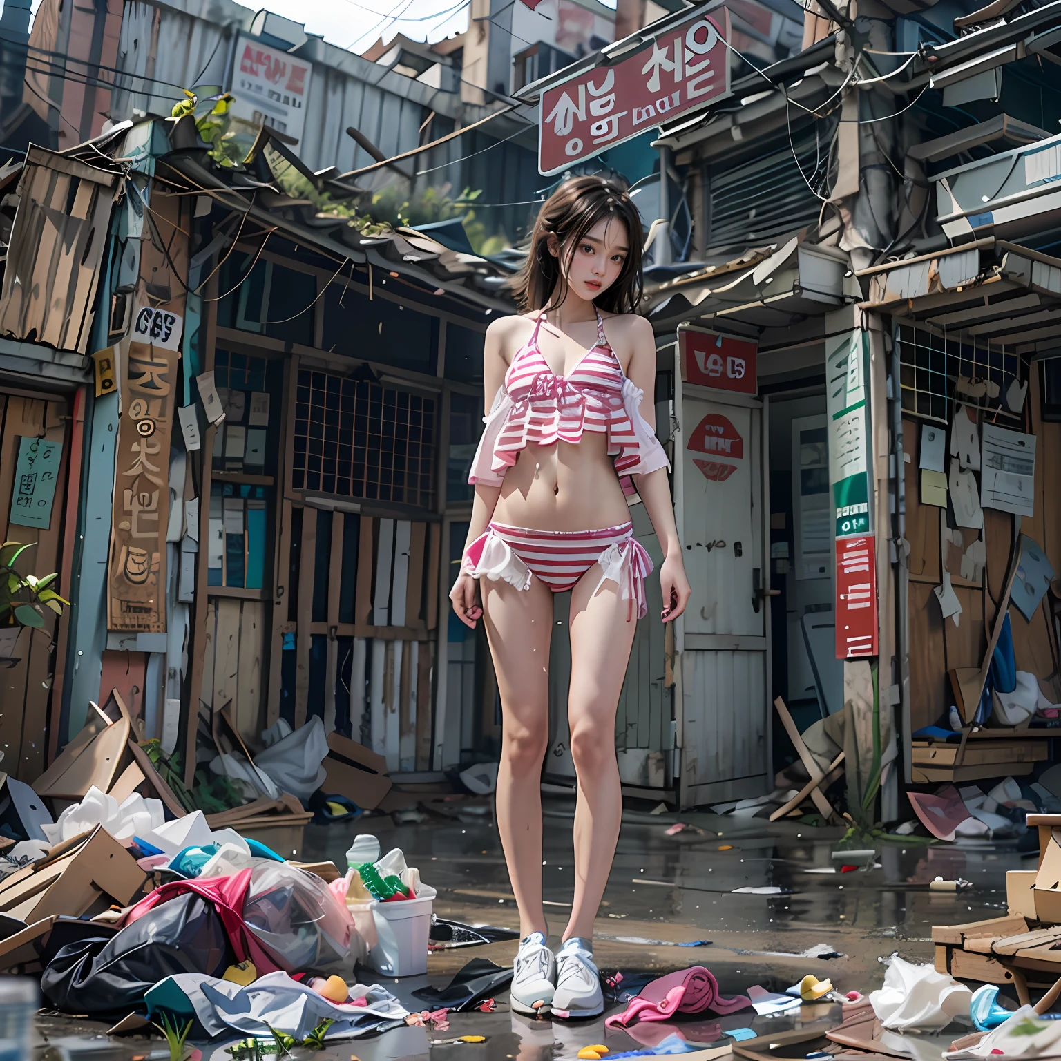 In an abandoned city,A very cute extreme exhibitionist Korean girl,legs are open,Garbage all over the ground,grimy, urinating, junk, tmasterpiece, Best quality at best, highly detailed,Small pink bikini,Glamorous seduction,cropped shoulders,revealing the lower abdomen,revealing breasts,Leaking the genitals,showing butt,scruffy,Abandoned,Bare body,of a shirtless,Masterpiece,best qualtiy,A Korean beauty,Extreme image quality