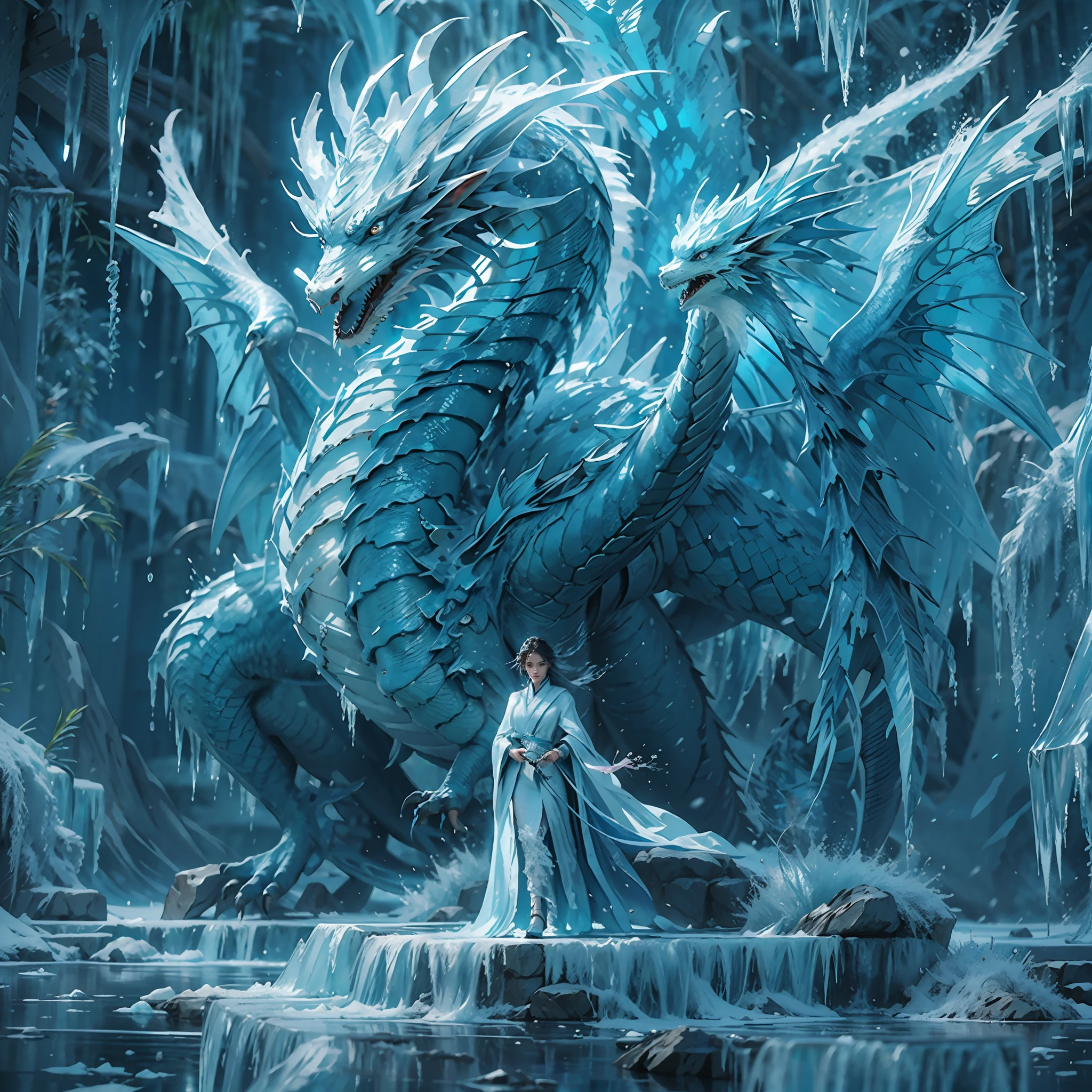 (((1girll)))，Perfect facial features，delicated face，Detailed portrayal of the face，Imperial water，A magician，（Loose dress：1.5），（Perfect facial features：1.4），（Blue silk robe），（Mysterious magic formations：1.2），((ice Dragon))，（Ice crystal scales），Blue glow，（Frost wings），Powerful ice magic，Icicles，Towering over the landscape，Blue light cold light，Ice storms，Wind，Flying snow ice and snow，Amazing results，,best qualityer,tmasterpiece,超高分辨率,finely detailled,Complicated details,8K分辨率,8KUCG wallpaper,hdr,water blue,Magic Array,Cinematic lighting effects,lightand shade contrast，Ray traching、NVIDIA RTX