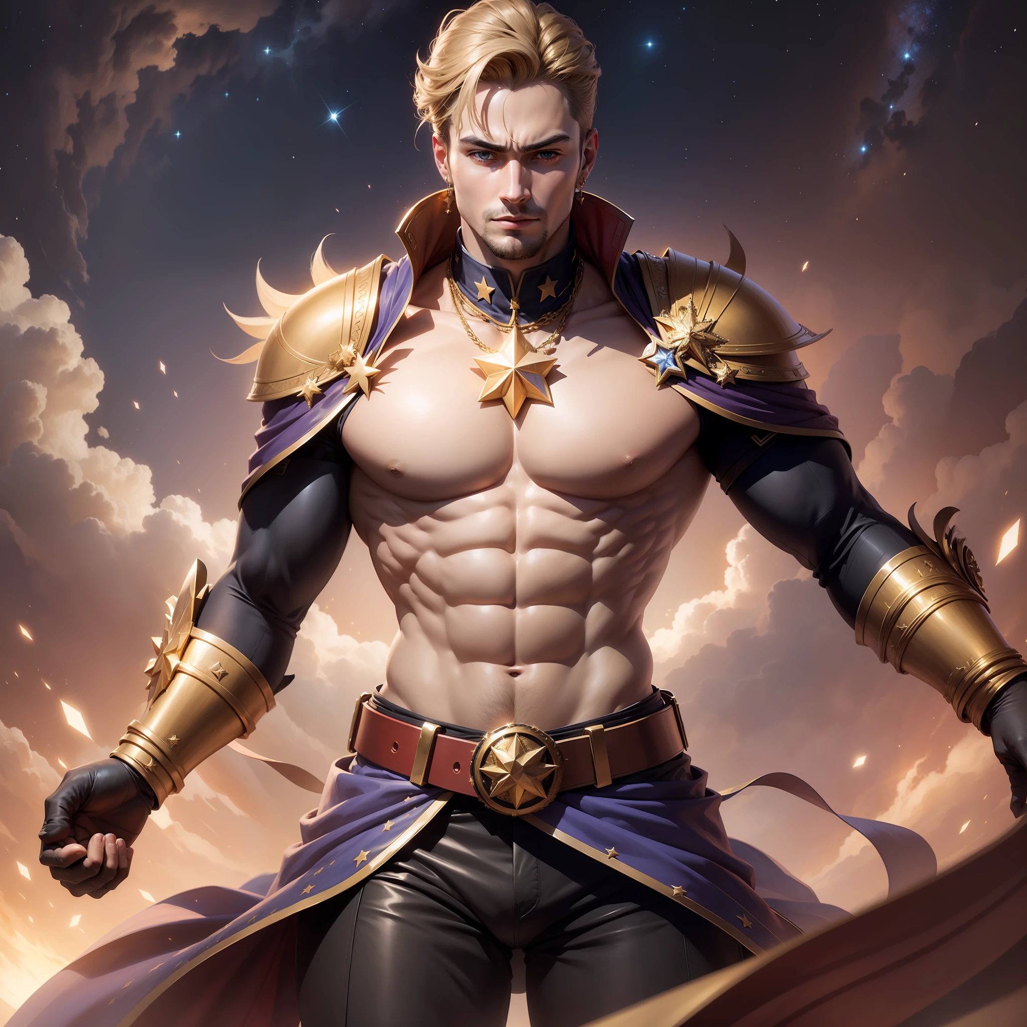 A powerful being stands in the center of a star-filled sky, his right hand holding seven stars and his chest adorned with a golden belt. His face is illuminated with a brilliant light, and his presence is awe-inspiring. Render type: Realistic, HD,