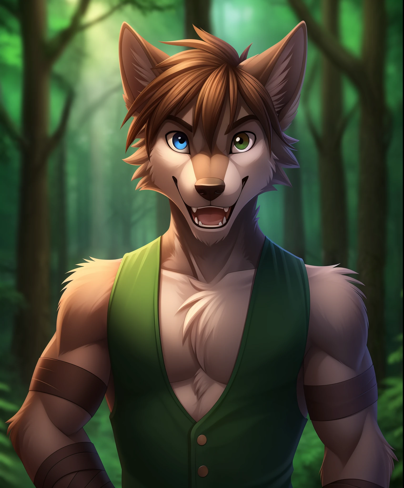 (best quality, masterpiece:1), solo, furry male anthro natani, (heterochromia:1.0), (grey eye:1.1), brown eye, green vest, flat chest, arm wraps, portrait, fingers, finger claws, looking at viewer, short hair, open mouth, wide-eyed, wolf tail, (outdoors dark forest trees blurry blurred background:1.1),