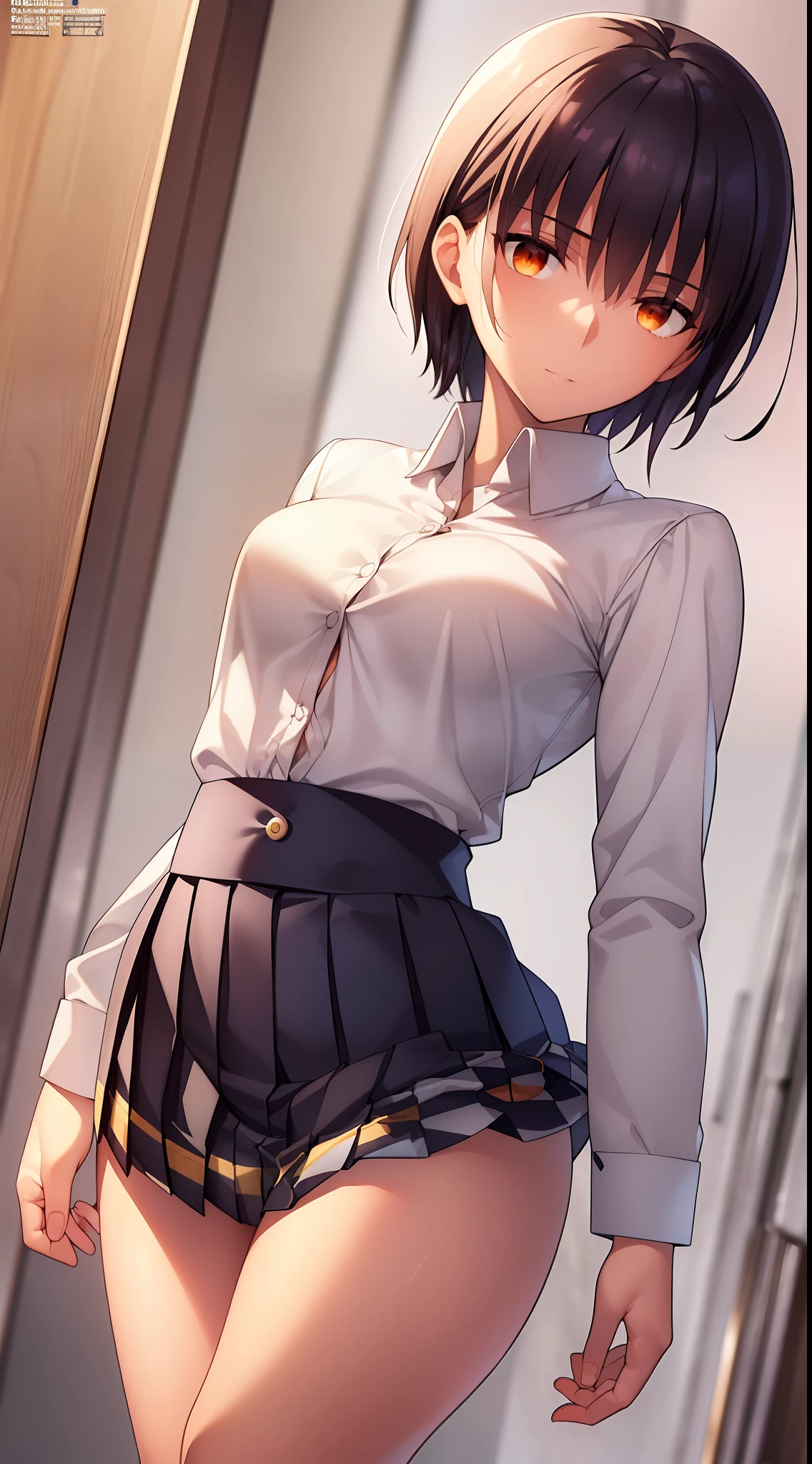 {{beautiful}}, amazing, (best quality:1.5), (masterpiece:1.5), extremely delicate and beautiful, intricate details, finely detailed, extremely detailed, beautifully detailed, ultra-detailed, (hyperdetailed:1.5), high resolution, (illustration), watercolor pencil, Clear line drawing, (ufotable style:1.1), (ufotable screen cap:1.1), anime coloring, anime screencap, (latest picture), backlighting, dynamic angle, glow, depth of field, {{body satisfaction}}, (body with a good balance of style:1.5), (slender figure:1.5), perfect body, perfect hands, perfect feet, (two arms:1.2), (two legs:1.2), (five fingers each:1.2), (perfect joint:1.2), perfect joint movement, beautiful detailed eyes, (detailed eyes:1.5), finely detailed eyes, perfect anatomy, full dissection, perfect composition, correct limbs, balance and coordination in all things, realistic:0.5, precise fingers and hands, (finely drawn hair:1.5), {{shy girl}}, (black hair:1.3), (short hair:1.3), (straight hair:1.3), bangs, (orange eyes:1.3), (medium breasts:1.3), (small-sized buttocks:1.3), {{school uniform}}, (white collared shirt:1.5), white shirt, breast tent, (checkered pleated skirt:1.5), checked skirt, pleated skirt, (unbutton one's first button:1.5),