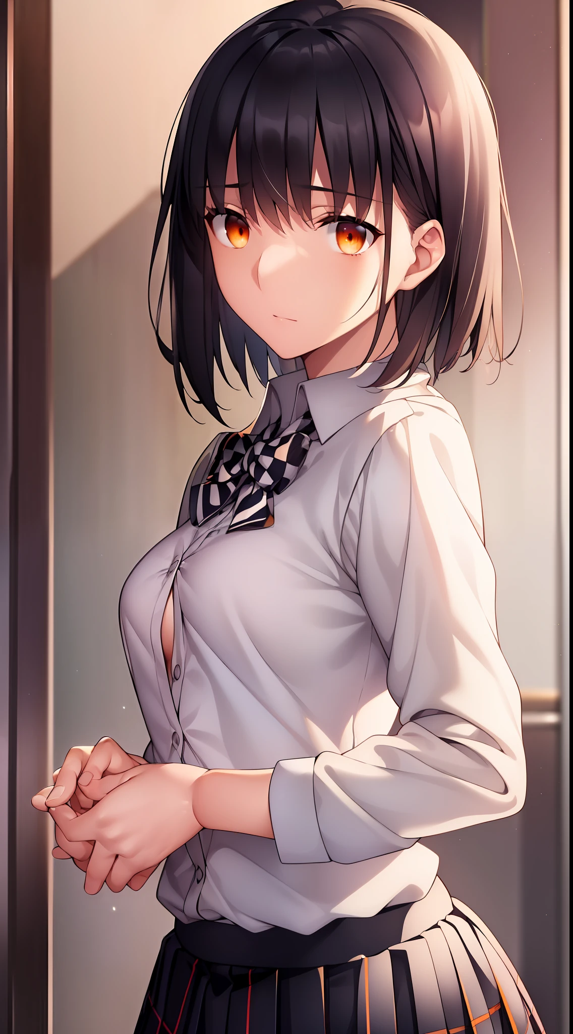 {{beautiful}}, amazing, (best quality:1.5), (masterpiece:1.5), extremely delicate and beautiful, intricate details, finely detailed, extremely detailed, beautifully detailed, ultra-detailed, (hyperdetailed:1.5), high resolution, (illustration), watercolor pencil, Clear line drawing, (ufotable style:1.1), (ufotable screen cap:1.1), anime coloring, anime screencap, (latest picture), backlighting, dynamic angle, glow, depth of field, {{body satisfaction}}, (body with a good balance of style:1.5), (slender figure:1.5), perfect body, perfect hands, perfect feet, (two arms:1.2), (two legs:1.2), (five fingers each:1.2), (perfect joint:1.2), perfect joint movement, beautiful detailed eyes, (detailed eyes:1.5), finely detailed eyes, perfect anatomy, full dissection, perfect composition, correct limbs, balance and coordination in all things, realistic:0.5, precise fingers and hands, (finely drawn hair:1.5), {{shy girl}}, (black hair:1.3), (short hair:1.3), (straight hair:1.3), bangs, (orange eyes:1.3), (medium breasts:1.3), (small-sized buttocks:1.3), {{school uniform}}, (white collared shirt:1.5), white shirt, breast tent, (checkered pleated skirt:1.5), checked skirt, pleated skirt, (unbutton one's first button:1.5),