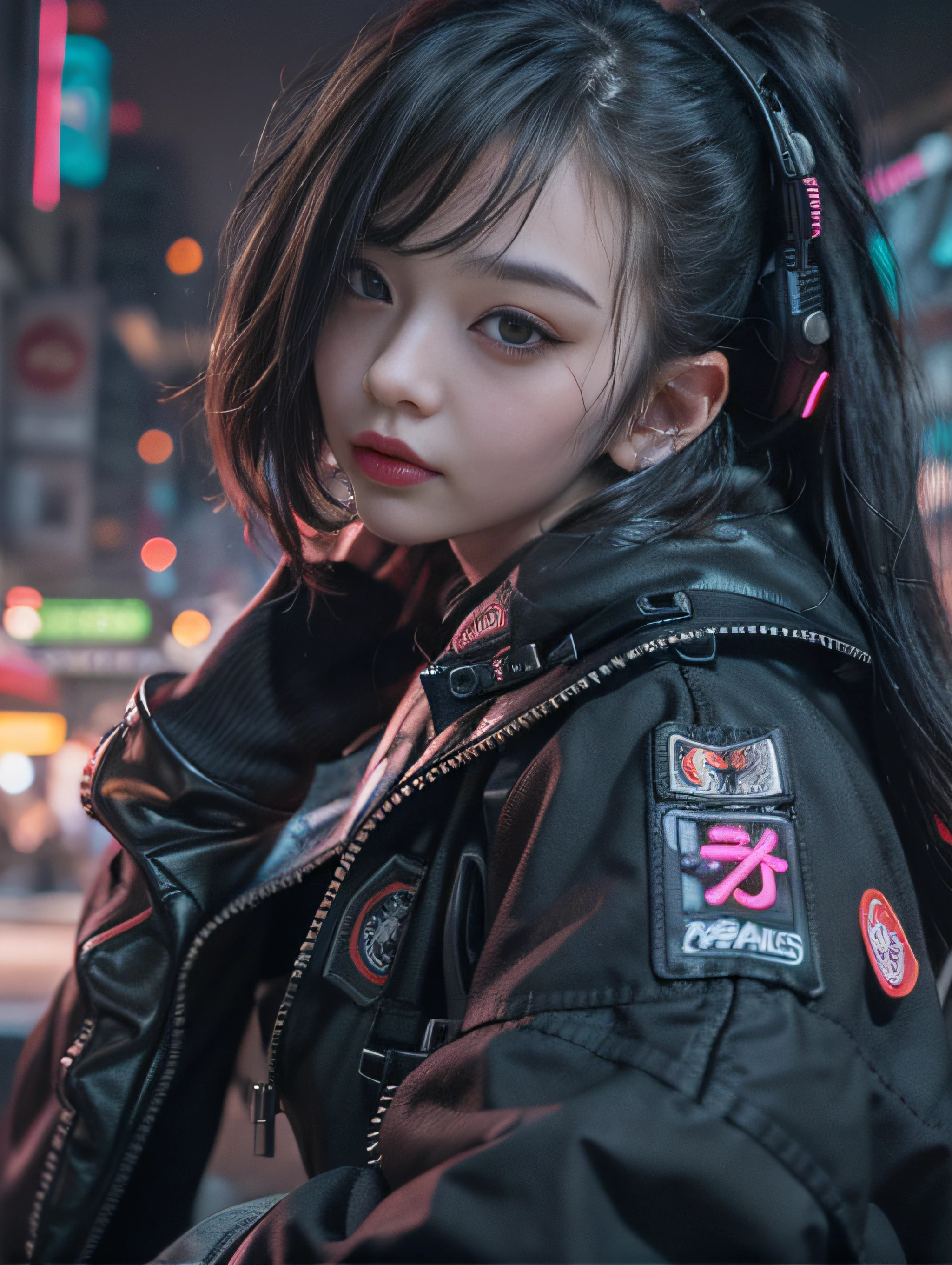 ​masterpiece、hightquality、Soio、beautiful model、Back lighting、beautiful hairl、A detailed eye、À la Fed woman sitting on a city bench with neon sign, Cinematic. leng jun, Anime style mixed with Fujifilm, mid shot portrait, cyberpunk streetwear, Inspired by Liam Wong, inspired by Kanō Naizen, cyberpunk vibe, cyberpunk photo, muted cyberpunk style, Medium shot portrait, hyper-realistic cyberpunk style, wearing cyberpunk streetwear、Powerful Hand Pose、low angles、14mm lens、sigma、F1,4、Depth of subject、8K High Resolution、细致背景、Drawing with enhanced hair details、A detailed face、more hair、Detailed nose、Detailed mouth、Detailed body、stares at the camera、Hair details