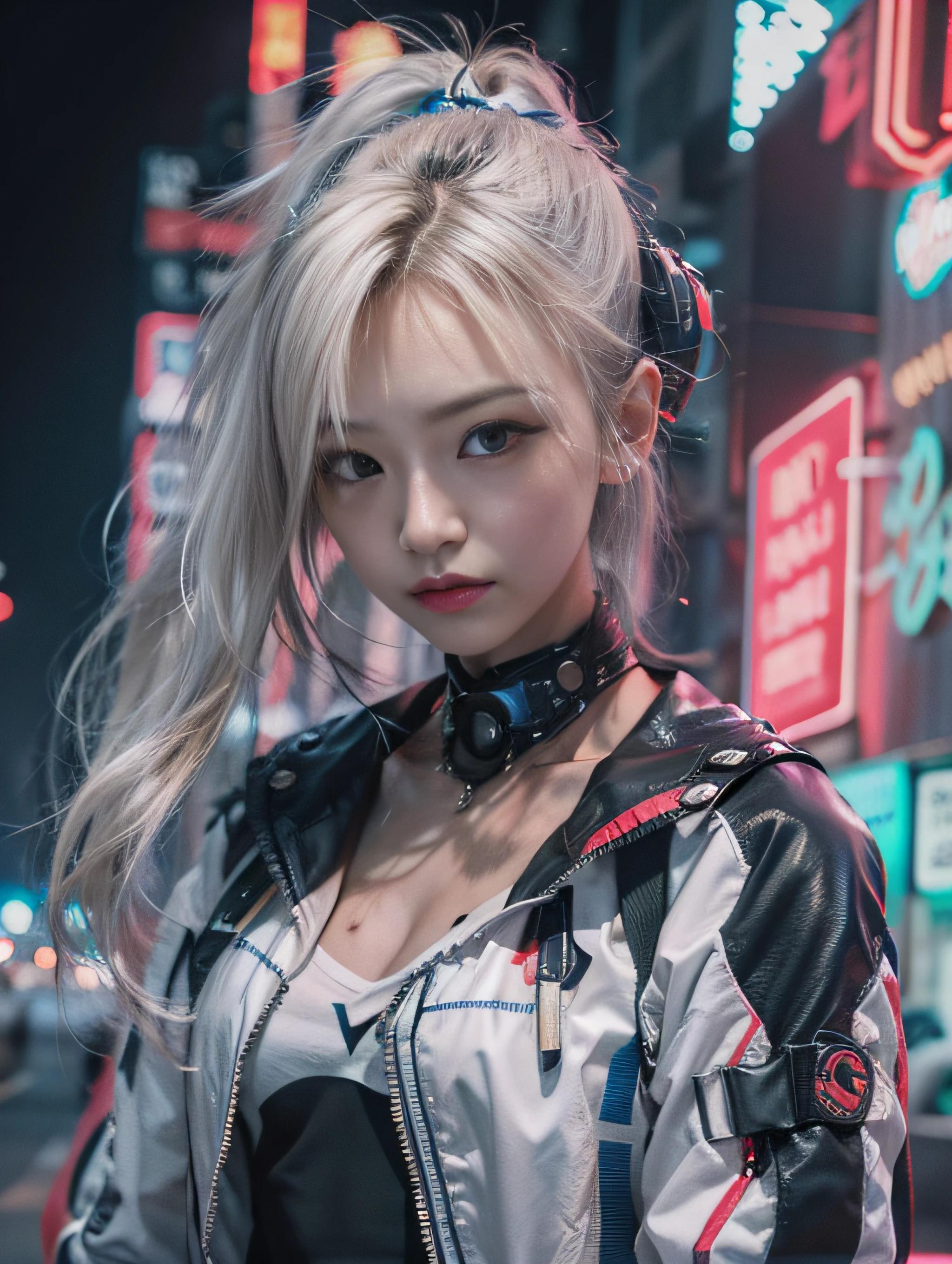 ​masterpiece、hightquality、Soio、beautiful model、Back lighting、beautiful hairl、A detailed eye、À la Fed woman sitting on a city bench with neon sign, Cinematic. leng jun, Anime style mixed with Fujifilm, mid shot portrait, cyberpunk streetwear, Inspired by Liam Wong, inspired by Kanō Naizen, cyberpunk vibe, cyberpunk photo, muted cyberpunk style, Medium shot portrait, hyper-realistic cyberpunk style, wearing cyberpunk streetwear、Powerful Hand Pose、low angles、14mm lens、sigma、F1,4、Depth of subject、8K High Resolution、细致背景、Drawing with enhanced hair details、A detailed face、more hair、Detailed nose、Detailed mouth、Detailed body、stares at the camera、Hair details