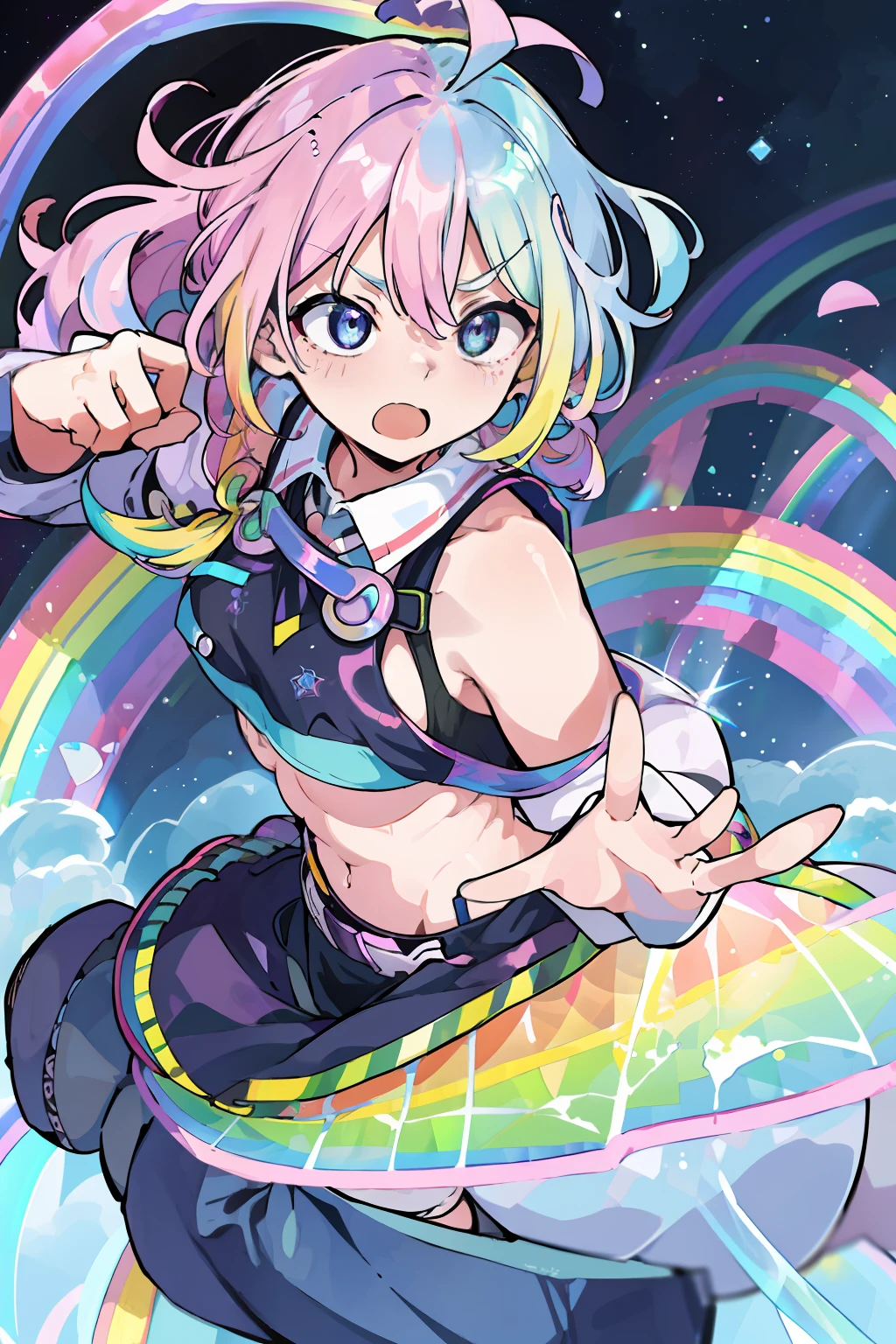 ((extremelydetailedCG)),((8K_Wallpaper)),(((masutepiece))),((top-quality)),{Character_1}, {Character_2}, Couple with, Couple in love, Each of them has its characteristic movements and powers, Such as {move_1}, {move_2}, And {move_3}. Scenes in a playful and dynamic environment {The setting}, With vivid colors and exaggerated expressions. While maintaining the overall unity of chibi-style art、both sexes, (((Highly detailed room background))),Princess,very long iridescent hair,LookingATVIEWER,fullllbody,,((Highly detailed facial)),smallbreast,((sideboob barbosa)),((((Floating and rainbow hair)))),(((Iridescence and rainbow hair))),((((Rainbow and iridescent colors)))),(Rainbow colors and rainbow eyes),Beautiful detail hair,Beautiful fece,,Incorporate elements from each anime world、school background