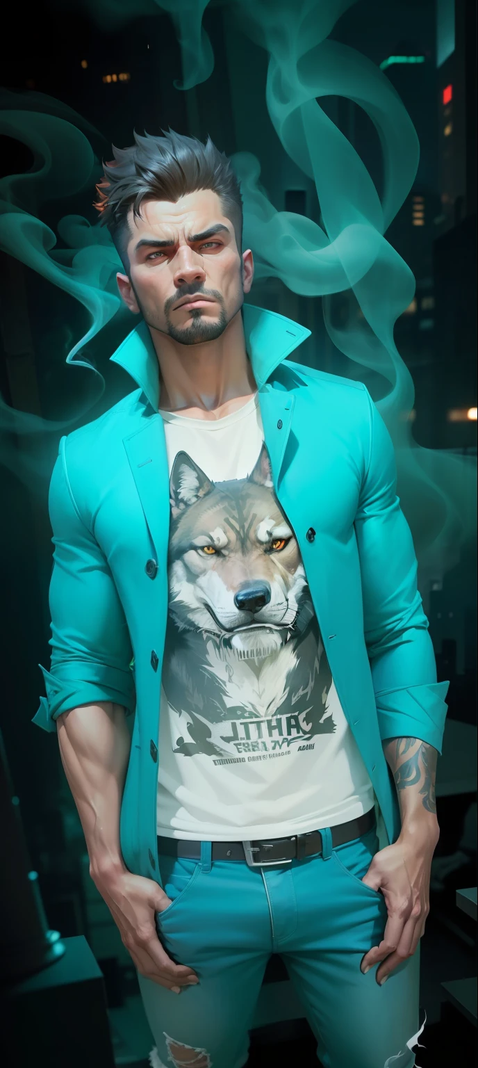 Masterpiece, (Ultra Detailed), (Animal Anthropomorphism), Gangster Theme, Wolf, Handsome, Trench Coat, Dim Lights, Smoke, Shadow, Corrupt Cityscape, Highest Quality, Single Focus, (skimming: 1.1), Muscle Man, Full Body, Intricate (High Detail: 1.1) Unreal Engine.