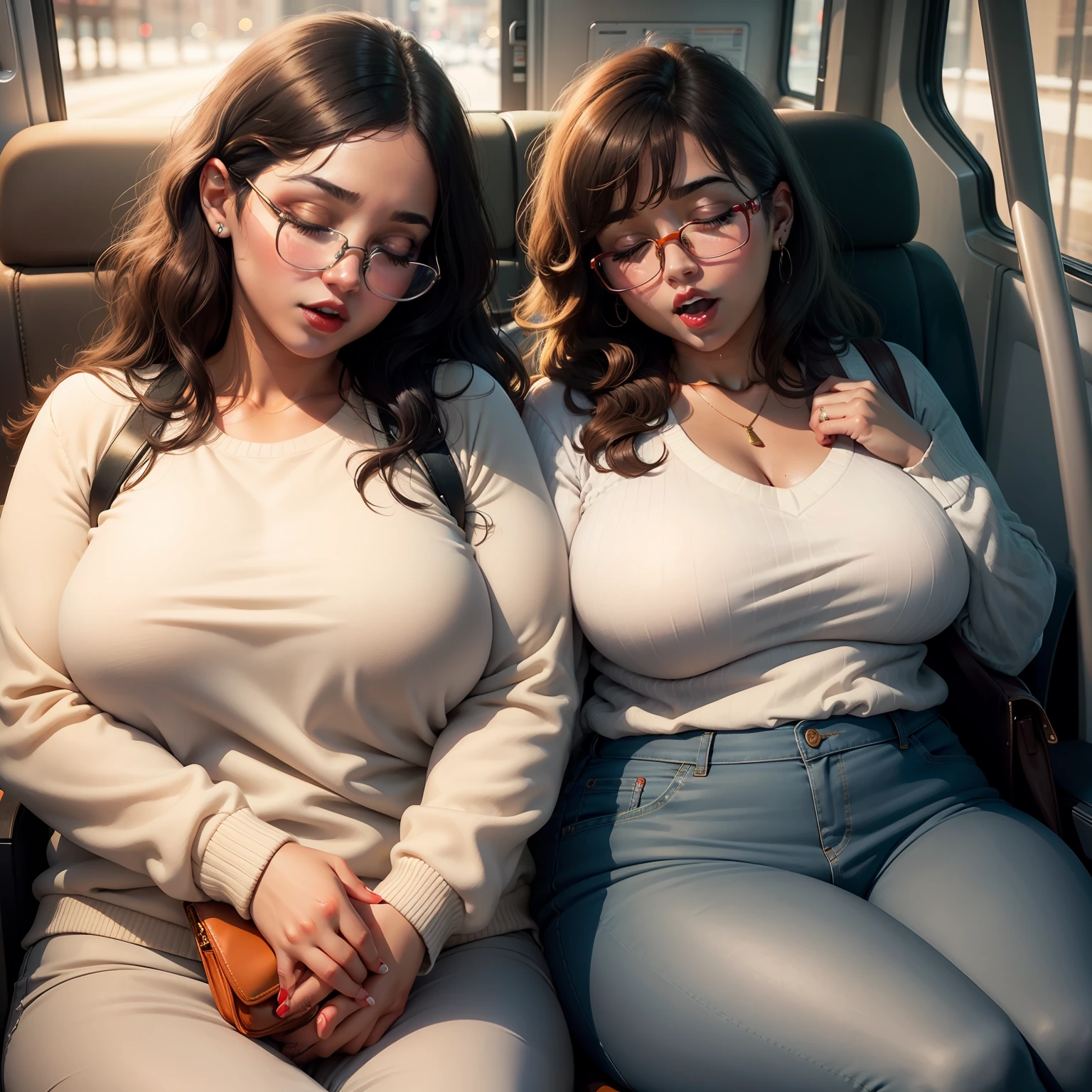 1 beautiful woman, drooling, sleeping with her mouth open, lips parted, sleeping sitting on the bus seat, wavy hair; White shirt; orange wool jumper; brown wallet; curvy woman; chubby woman, outlined eyes, latin woman, glasses, jean pants, eyes closed, head resting on the seat, sitting near the window, head raised up with open mouth, eyes closed, red lips