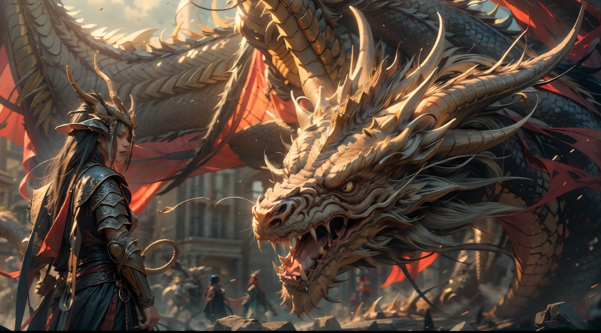 Dragons and People，Cool battles，hyper-high detail，Subtle and detailed picture，A high resolution，High picture quality，hrd，4K，Cinematic rendering，Myths and legends，