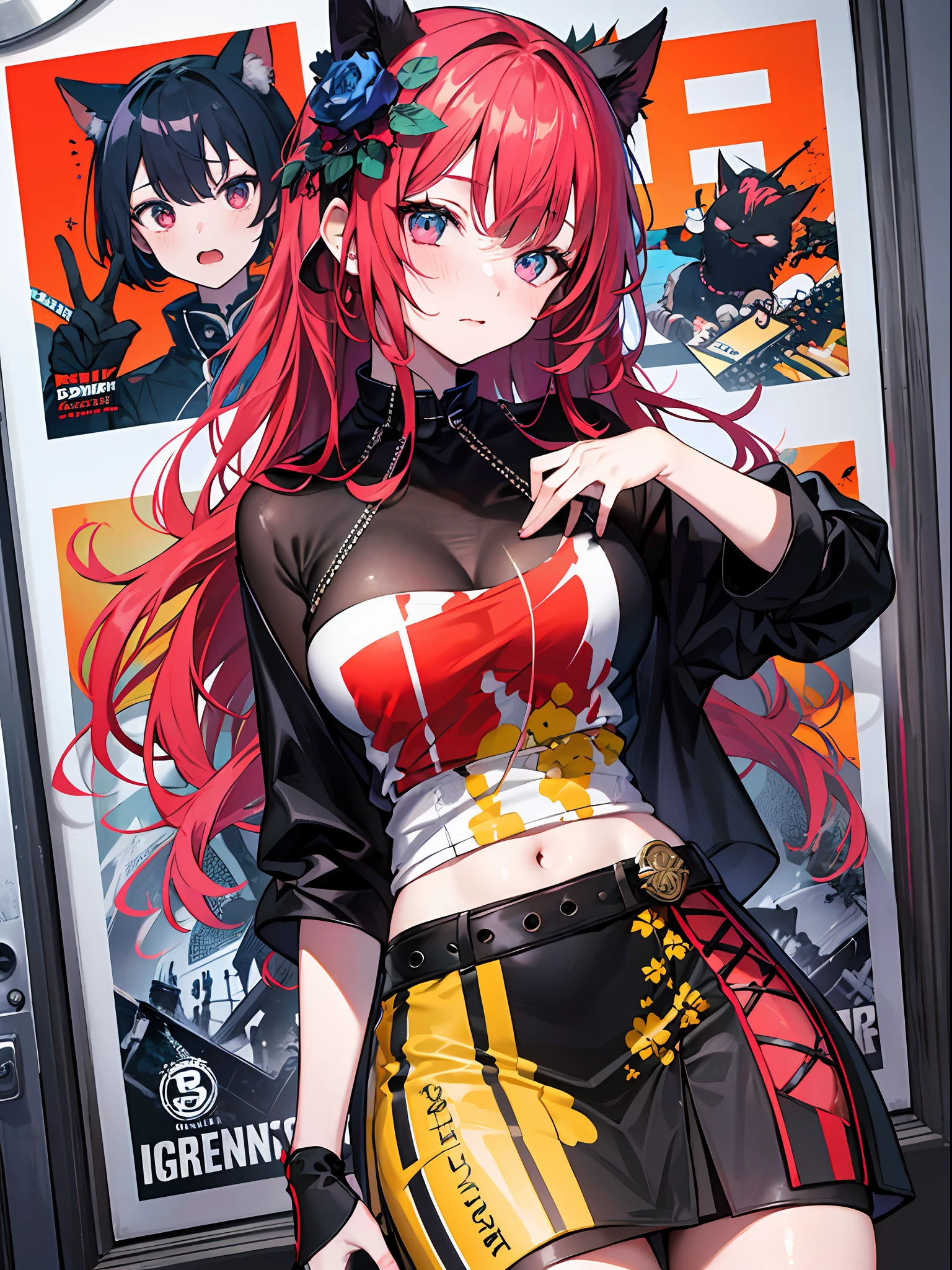 (masterpiece、top-quality、hight resolution)、 Kana Arima \(Oshinoko\), full of shyness、red hairs、Bob Hair、red blush、Wavy mouth、(((Dramatic)))、(((gritty)))、(((vehement))))The poster of the film appears as a central character。She is shy in the center of the poster、Wearing an idol costume、Has a determined look。The background is dark and rough、I feel like I'm drunk。Text is bold and eye-catching、Catchy slogans add to the overall drama and excitement。The color palette is dominated by dark colors.、Bright colors dotted、Make your poster dynamic and visually impactful、Tachi- e(magazine:1.3)、(cover-style:1.3)、Fashionable、with a vibrant、outfits、the pose、the front、colourfull、Dynamic、Background with、element、self-assured、Expressively、ngel、statement、attachment、An majestic、coiled、surroundings、Touch、The scene、Texto、covers、boldface、grab attention、Titles、lo fashion、Font、Catchy、Titles、Large、grab attention、moderno、 Trendy、concentrating、Stylish、1 girl in、a miniskirt
