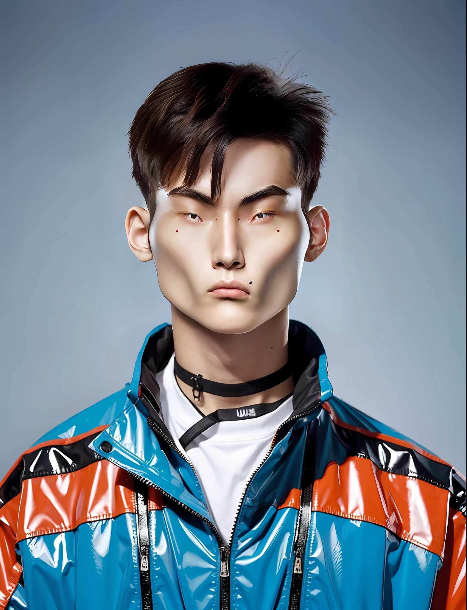 A man wears a PVC Tokyo-style jacket for a high school student,There are zippers,Gray back