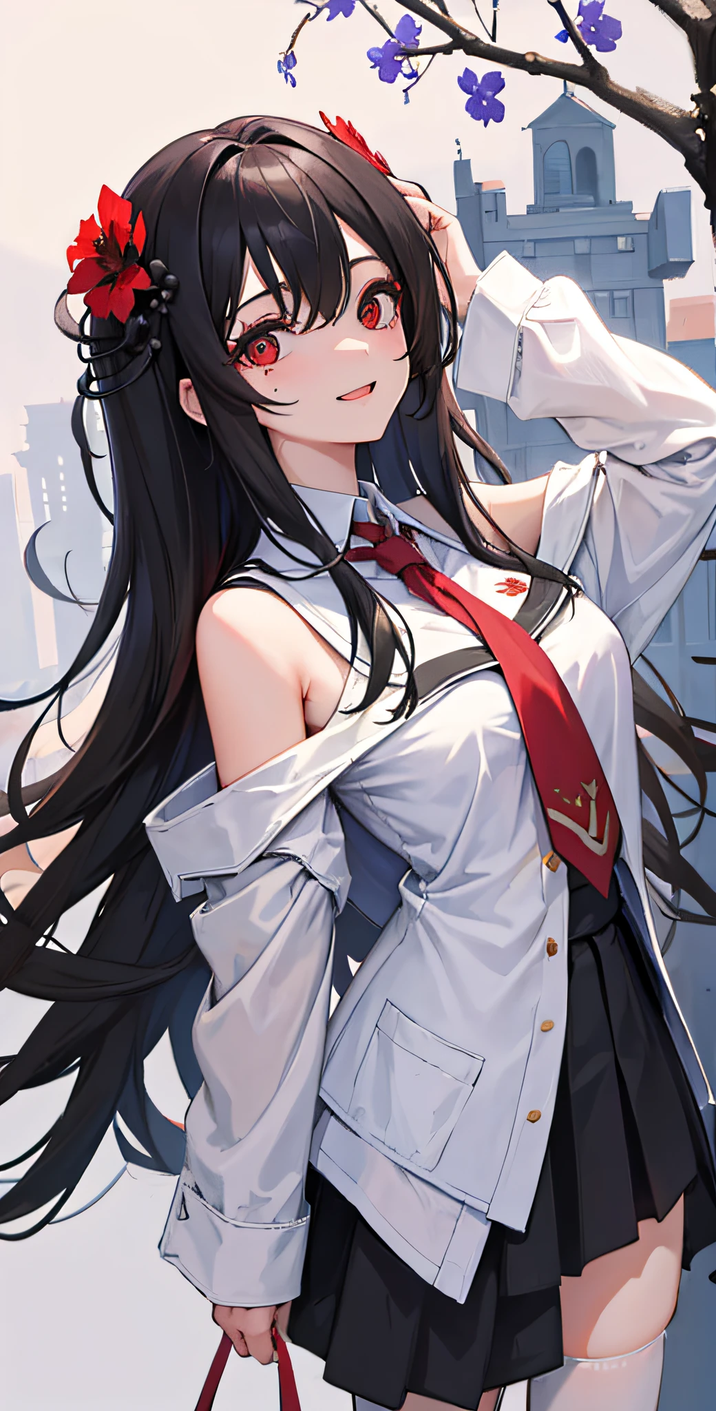 Masterpiece,1girll,Solo,((In_tree)), whaite hair_Hair,Long_Hair,black_dress,鎖骨,dark mole_under below_Eyes,Light_Smile,school_uniform,White_legwear,mediating_Poor milk,Off_Shoulder,Falling_leafs.flower,Hair_decorations,Red eyes
