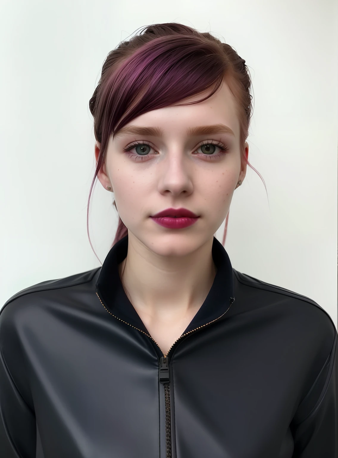 laura001, RAW photo of a close up portrait of a (wet), happy, light redhead, 16 yo girl,wavy hair, dark magenta lips, cleavage, hotel in the background, [brown | orange leather coat], slate atmosphere, cinematic, dimmed colors, dark shot, muted colors, lut, insane details, intricate details, [[[freckles]]],amazing body, pronounced feminine feature, flirting with camera,light pink hair + messy, 16 yo girl, long hair, detailed beautiful face , imperfect skin, dark sky, dark winter, snow, cloudy sky, ultra-detailed body, [:0.5], wearing a very nice sweater + shoulders, frontal pose