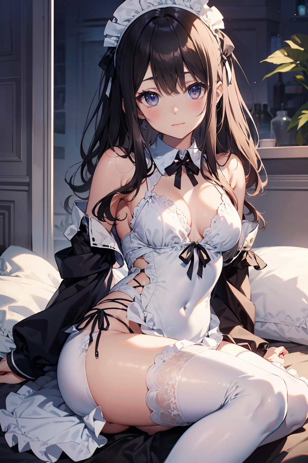 high-level image quality、top-quality、Detailed drawing、Does not blush cheeks、Slender adult beauty、maid clothes、White swimwear、Small eyes、knee high、Stockings、Medium chest、straight haired