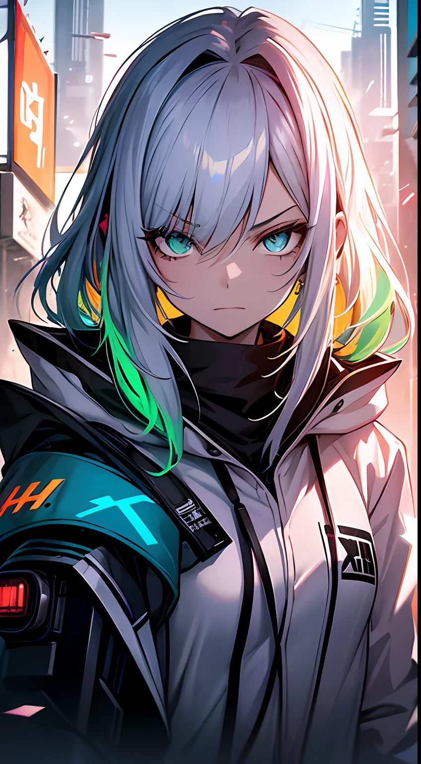 tmasterpiece, 4k wallpaper, cinematric light, hoang lap, protrait 1girl,(Colorful paint splashes),(Cyberpunk style),(sparkle eyes:1),Green eyes,(Indifferent expression:1),(A luxurious white robe),城市,neonlight,