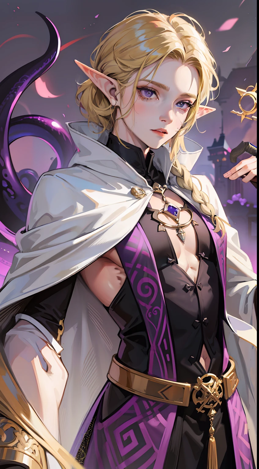 Young guy, longue blonde hair, violet eyes, elf ears, The open robe of the wizard, Magic tentacles, purple tattoos, Runes, Masterpiece, hiquality