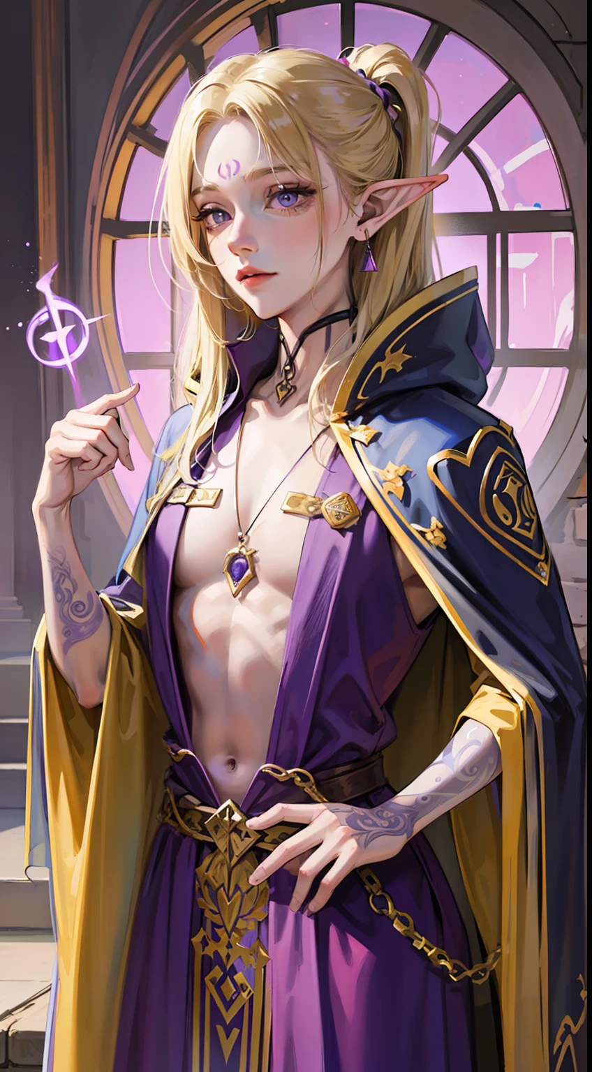 Young guy, longue blonde hair, violet eyes, elf ears, The open robe of the wizard, Magic tentacles, purple tattoos, Runes, Masterpiece, hiquality