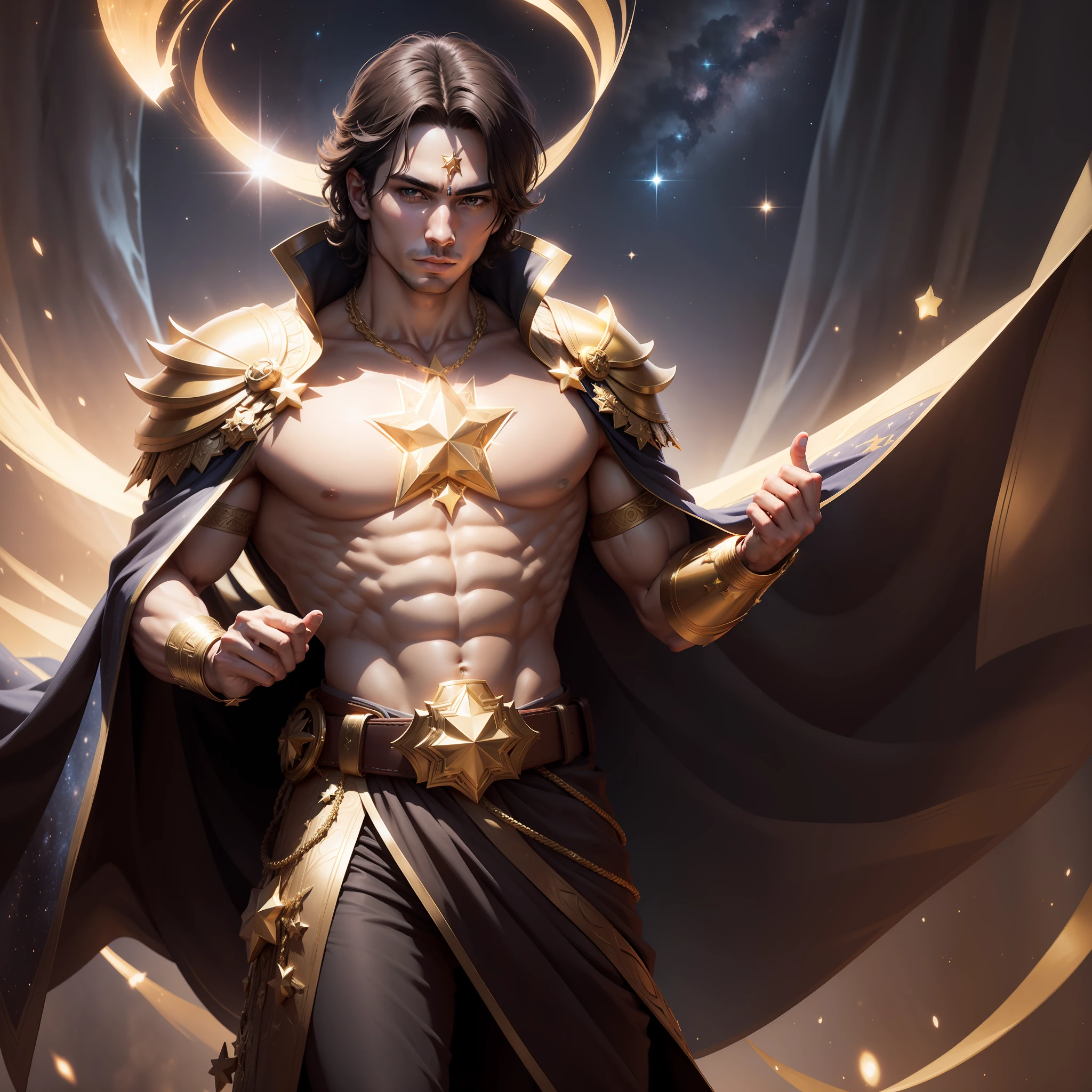 A powerful being stands in the center of a star-filled sky, his right hand holding seven stars and his chest adorned with a golden belt. His face is illuminated with a brilliant light, and his presence is awe-inspiring. Render type: Realistic, HD,