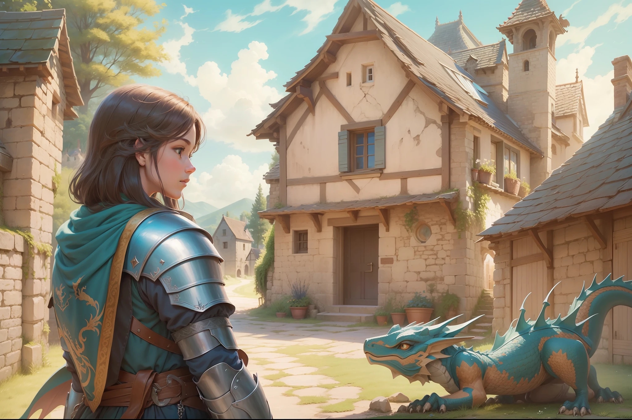 image of young knight and small dragon, tranquility, affection, friendship, frolicking, medieval rural village background, soothing atmosphere, blue sky, sunshine, natural lighting, eye contact, cinema steel, cinematic angle, colored pencil art,