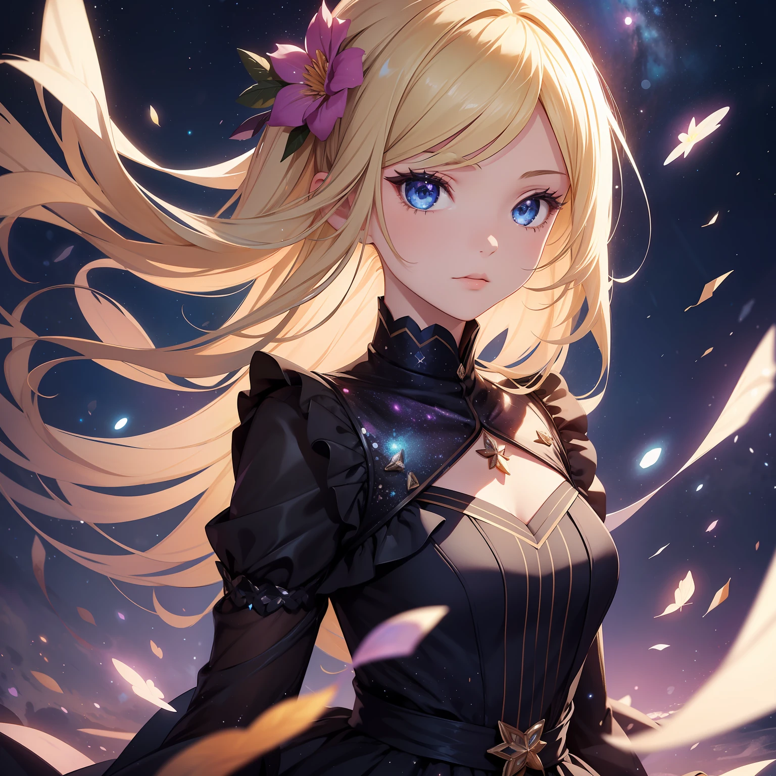 (best quality, masterpiece), 1girl, galaxy, glitter, dress, particle, wind, flower, upper body, dark simple background, looking at viewer, blonde,