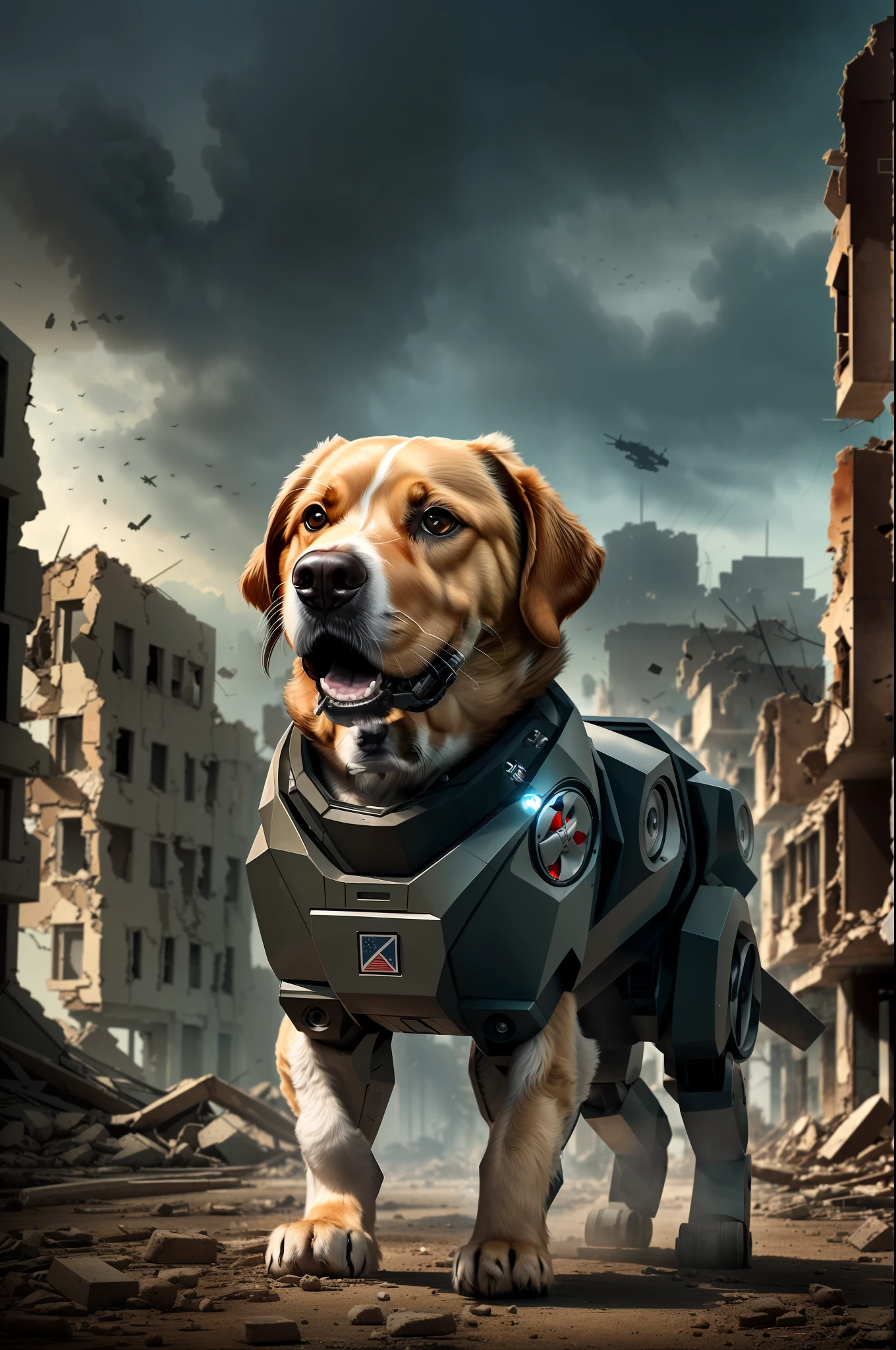 full shot, military robot dog with a machine gun attached to it walks through the ruins of the city in search of survivors, post-apocalyptic atmosphere, dramatic light, dark key, hdr, high detail, clear focus, 8k, hyper photorealism, joe bussenik style --auto --s2