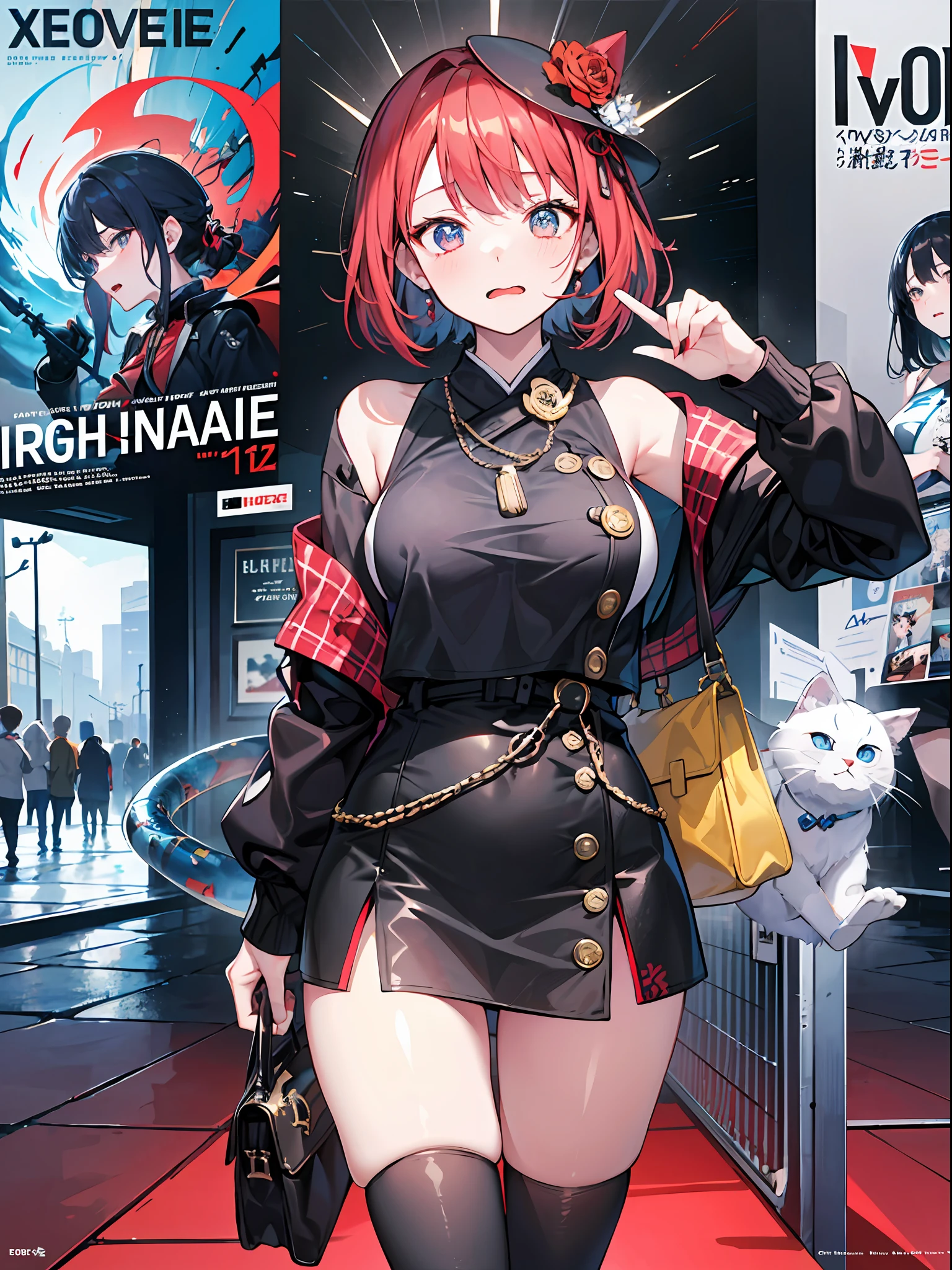 (masterpiece、top-quality、hight resolution)、 Kana Arima \(Oshinoko\), full of shyness、red hairs、Bob Hair、red blush、Wavy mouth、(((Dramatic)))、(((gritty)))、(((vehement))))The poster of the film appears as a central character。She is shy in the center of the poster、Wearing an idol costume、Has a determined look。The background is dark and rough、I feel like I'm drunk。Text is bold and eye-catching、Catchy slogans add to the overall drama and excitement。The color palette is dominated by dark colors.、Bright colors dotted、Make your poster dynamic and visually impactful、Tachi- e(magazine:1.3)、(cover-style:1.3)、Fashionable、with a vibrant、outfits、the pose、the front、colourfull、Dynamic、Background with、element、self-assured、Expressively、ngel、statement、attachment、An majestic、coiled、surroundings、Touch、The scene、Texto、covers、boldface、grab attention、Titles、lo fashion、Font、Catchy、Titles、Large、grab attention、moderno、 Trendy、concentrating、Stylish、1 girl in、a miniskirt