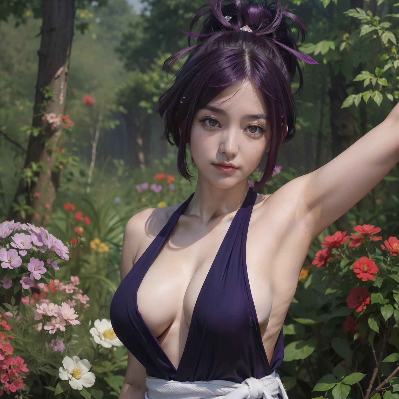 (best quality:1.1), (masterpiece:1.2), portrait, 
1girl, yuzuriha_(jigokuraku), purple hair, brown eyes, ninja, open clothes, cleavage, Huge breasts, topknot, medium hair, breasts apart, white obi, smirk, outdoors, (blush:1.1), flowers, (hand behind head:1.0),