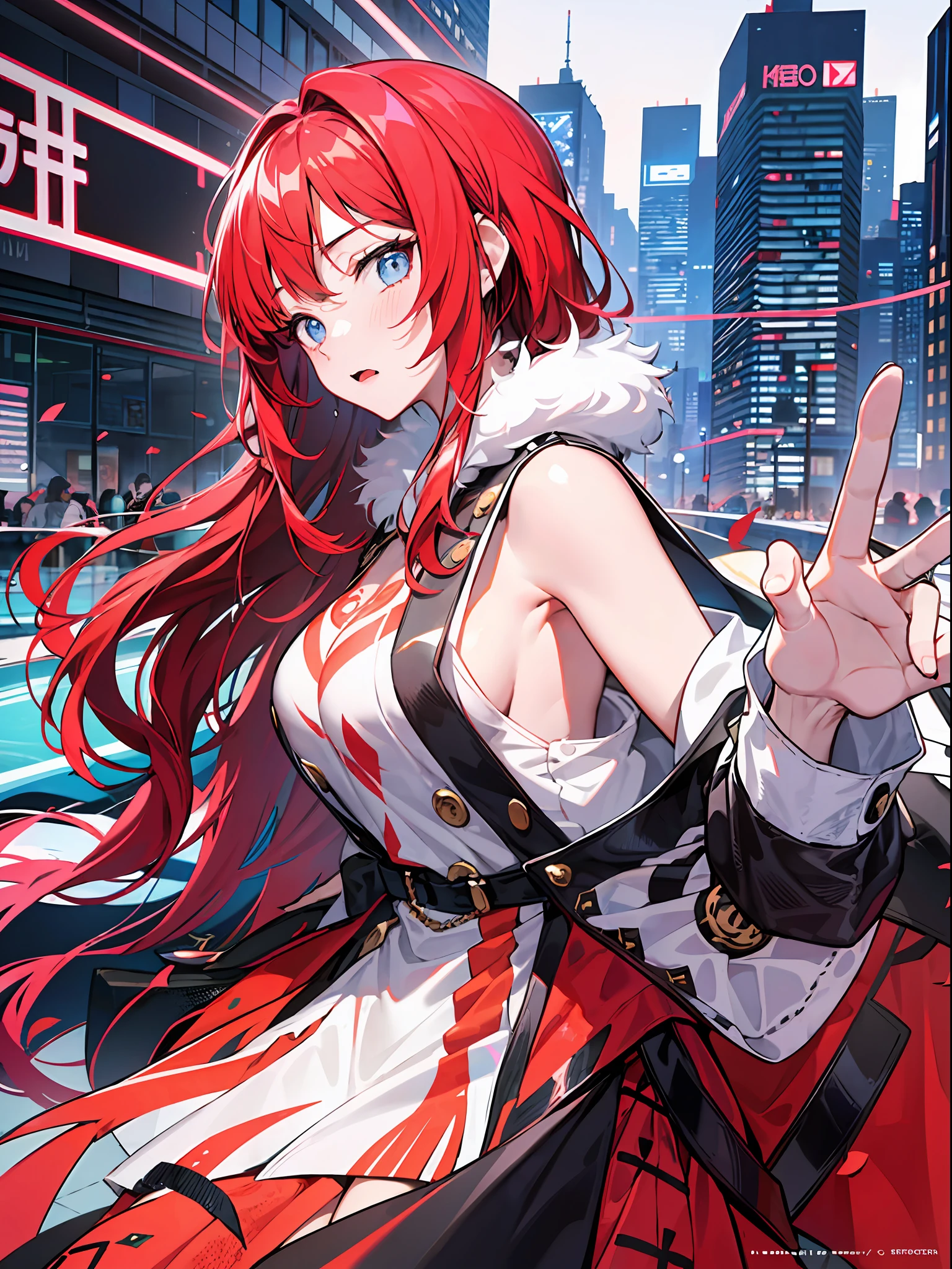 (​masterpiece、top-quality、hight resolution)、 Kana Arima \(Oshinoko\), full of shyness、red hairs、Bob Hair、red blush、Wavy mouth、(((Dramatic)))、(((gritty)))、(((vehement))))The poster of the film appears as a central character。She is shy in the center of the poster、Wearing an idol costume、Has a determined look。The background is dark and rough、I feel like I'm drunk。Text is bold and eye-catching、Catchy slogans add to the overall drama and excitement。The color palette is dominated by dark colors.、Bright colors dotted、Make your poster dynamic and visually impactful、Tachi- e(magazine:1.3)、(cover-style:1.3)、Fashionable、with a vibrant、outfits、the pose、the front、colourfull、Dynamic、Background with、element、self-assured、Expressively、ngel、statement、attachment、An majestic、coiled、surroundings、Touch、The scene、Texto、covers、boldface、grab attention、Titles、lo fashion、Font、Catchy、Titles、Large、grab attention、moderno、 Trendy、concentrating、Stylish、1 girl in、a miniskirt