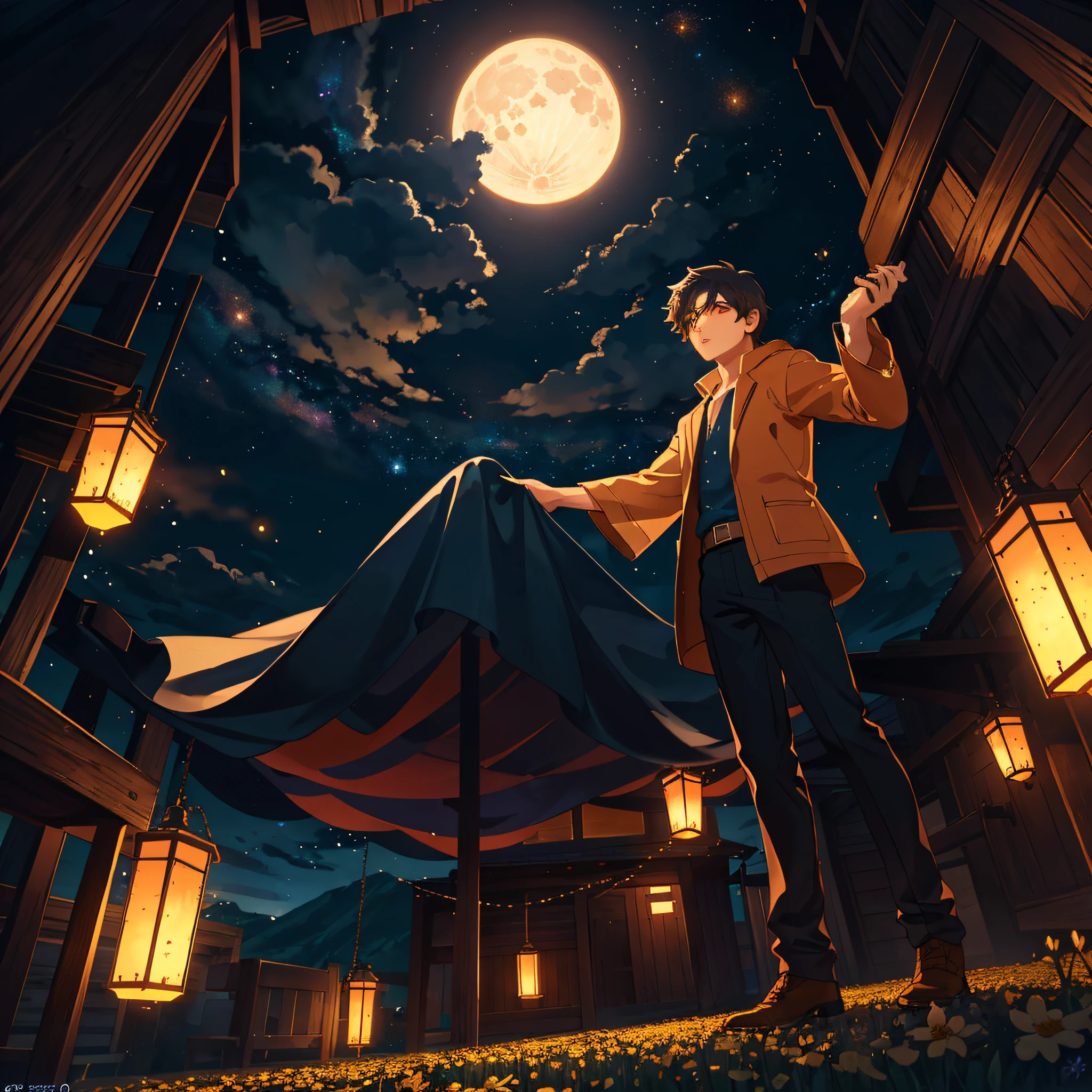 Anime boy standing in front of tent,The background is the full moon,The background is the full moon, Anime art wallpaper 8 K, Makoto Shinkai Cyril Rolando, Anime art wallpaper 4 K, Anime art wallpaper 4k, 4K anime wallpaper, Anime background art, style of anime4 K, High Quality Anime Art Style, official fanart, Anime wallpaper 4K, Anime wallpaper 4 k