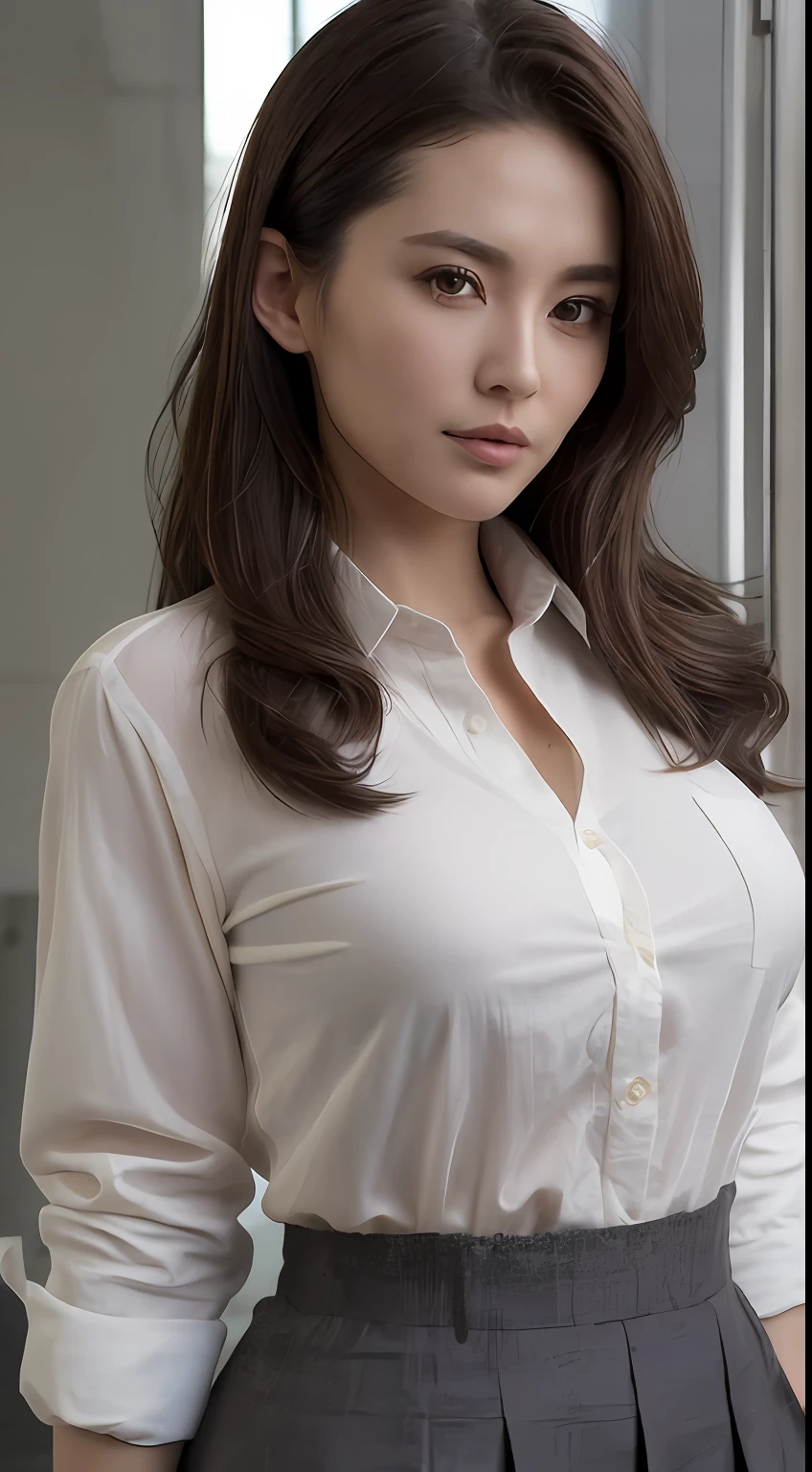 (Best quality, High resolution, Masterpiece :1.3), A tall and pretty woman, Slender abs, Dark brown hair styled in loose waves, Breasts, White button up shirt, Black pleated skirt, (Modern architecture in background), Details exquisitely rendered in the face and skin texture, Detailed eyes, Double eyelid