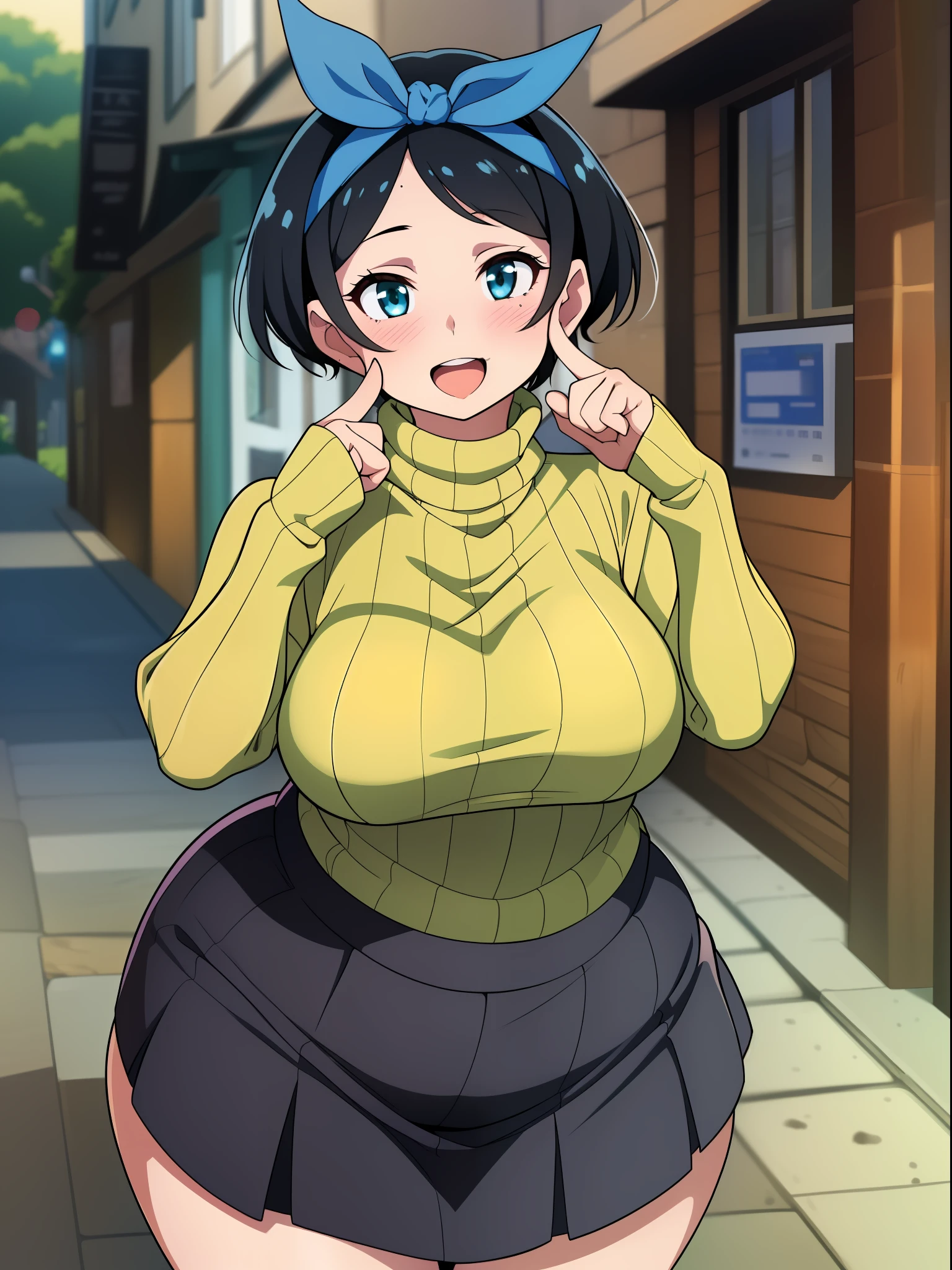 ((((kipteitei art)))), ((highres)),Masterpiece, high quality, best quality, beautiful, perfect lighting, detailed face, ultra cute face, ((1girl)), ((solo), ((((sarashina ruka)))), ((blue hairband)), ((tan turtle neck sweater)), ((black short skirt)), looking at viewer, cowboy shot, cute pose, sweet smile, affectionate, (blush), in love with viewer, cute, happy, medium breasts, perky breasts, (wide hips), ((thick thighs)), curvy, thicc, town, street,