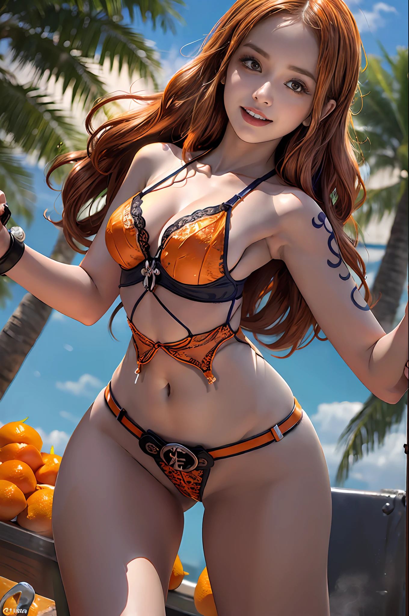 (((masterpiece+best quality+high resolution+ultra-detailed))), nami\(one piece\), longos cabelos laranjas sedosos, nariz alto, olhos afiados, noble and inviolable temperament, (([feminino]: 1.2 + [beleza]: 1.2 + cabelo longo laranja: 1.2)), fundo de navio pirata, (one piece), blue skies, pulseiras, bolhas, nuvens, ombro tatto, olhos brilhantes, Dynamic angle and posture,(wearing nothing but tiny orange lingerie with a tight belt:1.5), (corpo com seios de tamanho grande, thin waist and thick buttocks and thighs:1.2), (capturing the moment when she is with her legs parallel, usando um sorriso travesso no rosto:1.2)