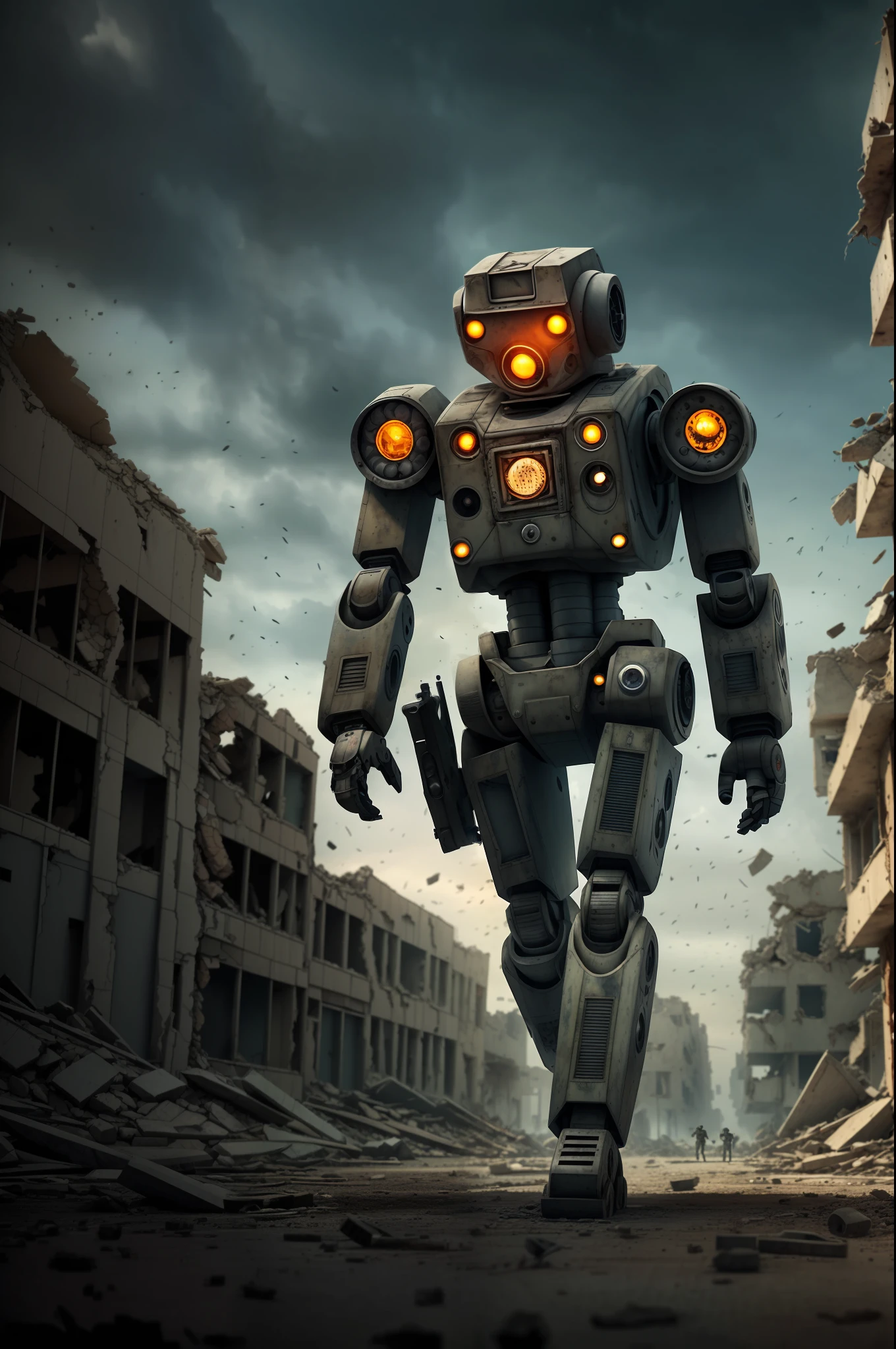 full shot, military robot dog with a machine gun attached to it walks through the ruins of the city in search of survivors, post-apocalyptic atmosphere, dramatic light, dark key, hdr, high detail, clear focus, 8k, hyper photorealism, joe bussenik style --auto --s2