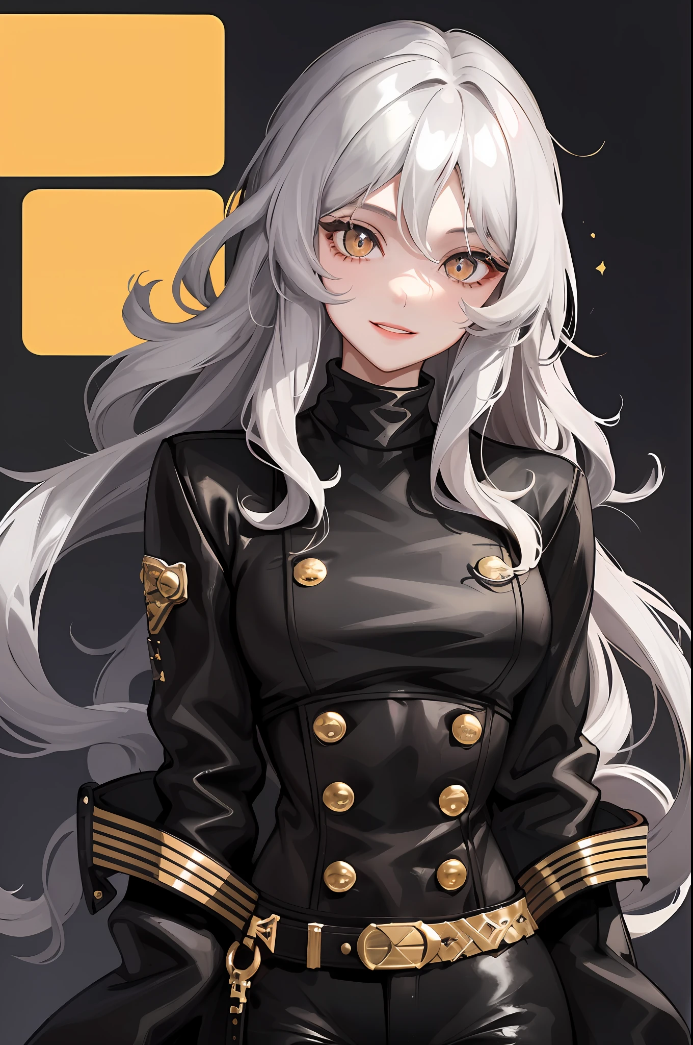 1woman, long wavy hair, swept bangs, golden eyes, fake smile, unnerving smile, black turtleneck, pirate coat, dark sky, pretty eyes