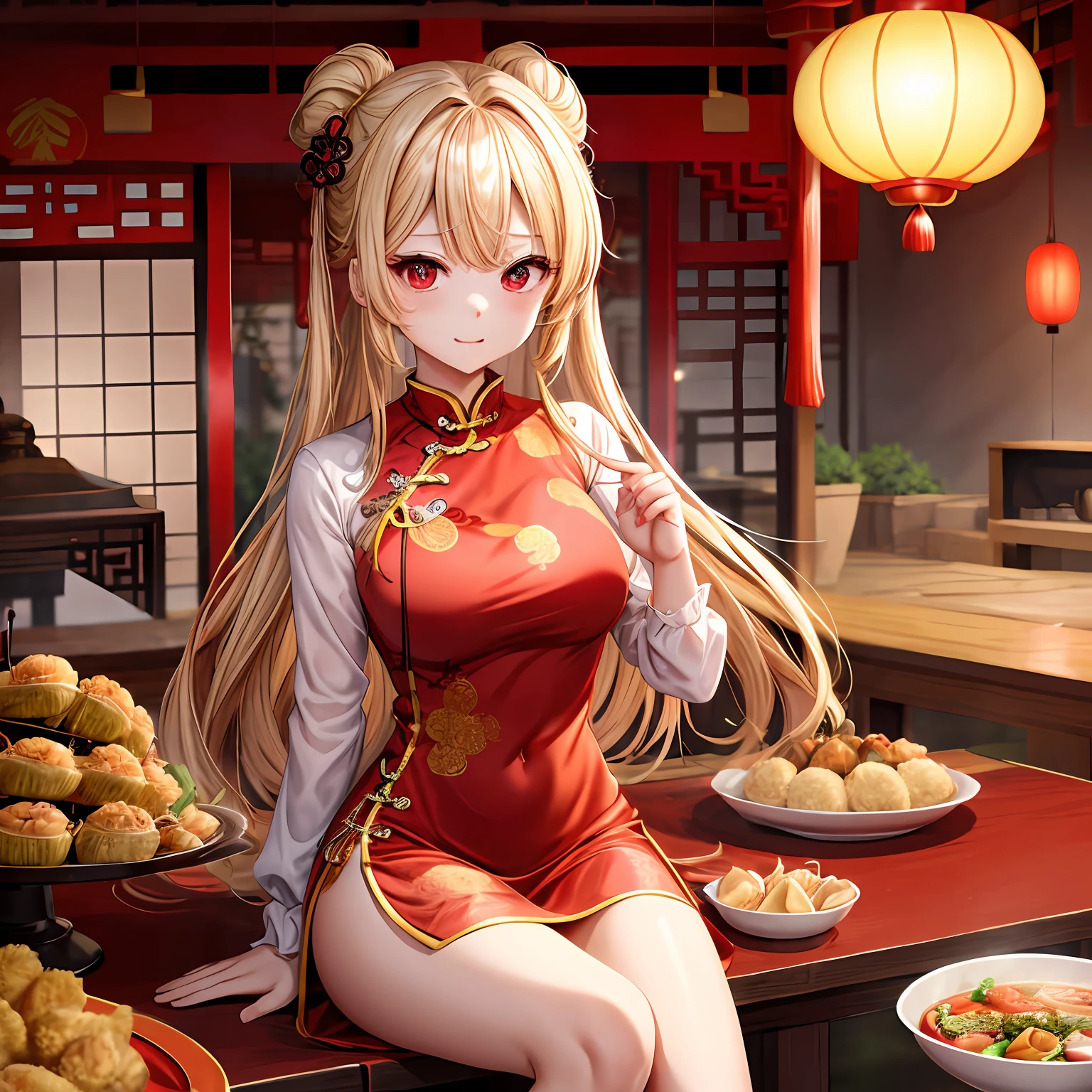 a blond、Hair is up、red eyes、Beautiful girl alone、kawaii、独奏、animesque、qipao dress、a miniskirt、Chinese food