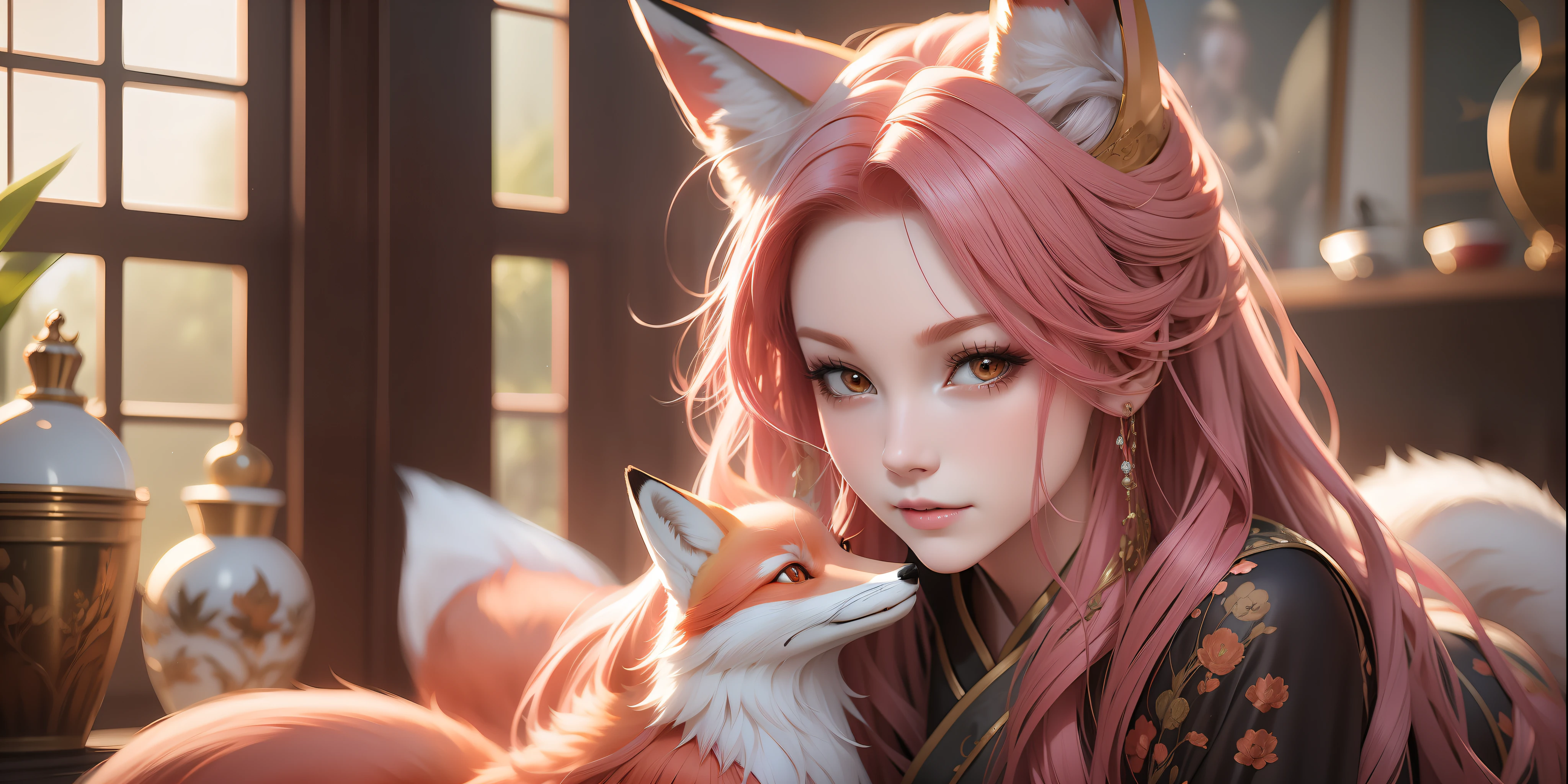 Fox, pink hair, antique,1gril,1fox