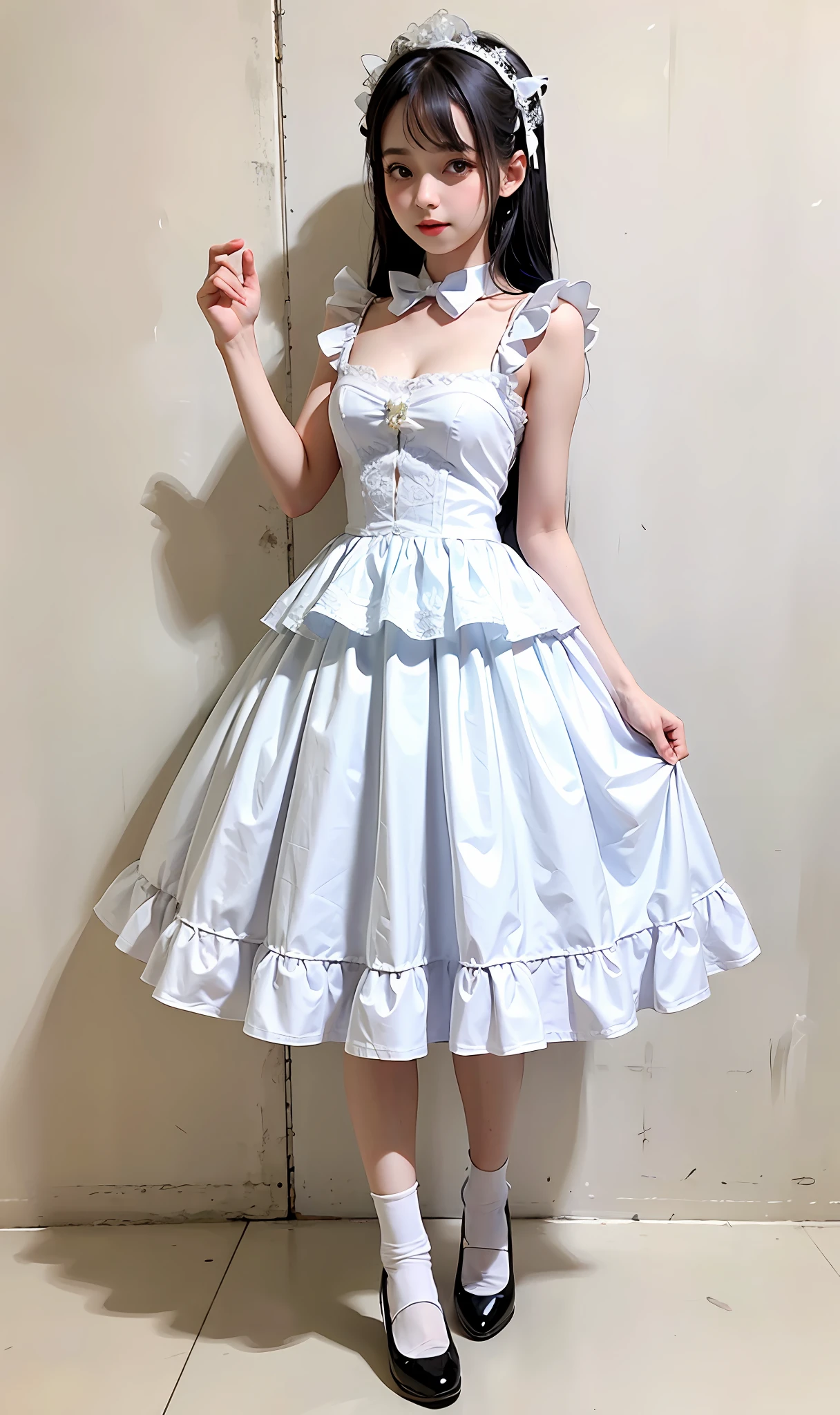 Alafed woman in white dress and black shoes poses for photo, angelic pretty, Lolita style, loli in dress, by Ayami Kojima, white monochrome color!!!!!, Cute dress, pale-blue, White Dress!! of silver hair, Lolita Fashion, maid dress, white and pale blue, Kawaii Style, cosplay of a catboy! maid! Dress、White short ankle-length socks