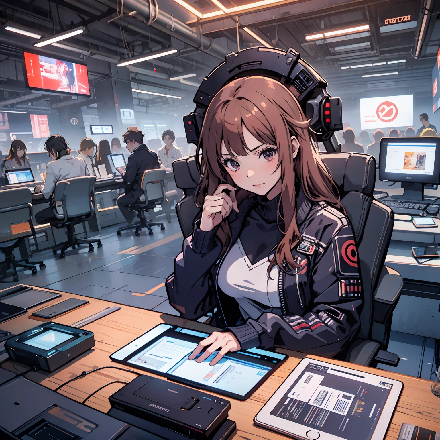 A beautiful girl as an engineer, sitting on a desk, working on a computer, cyberpunk, anime,