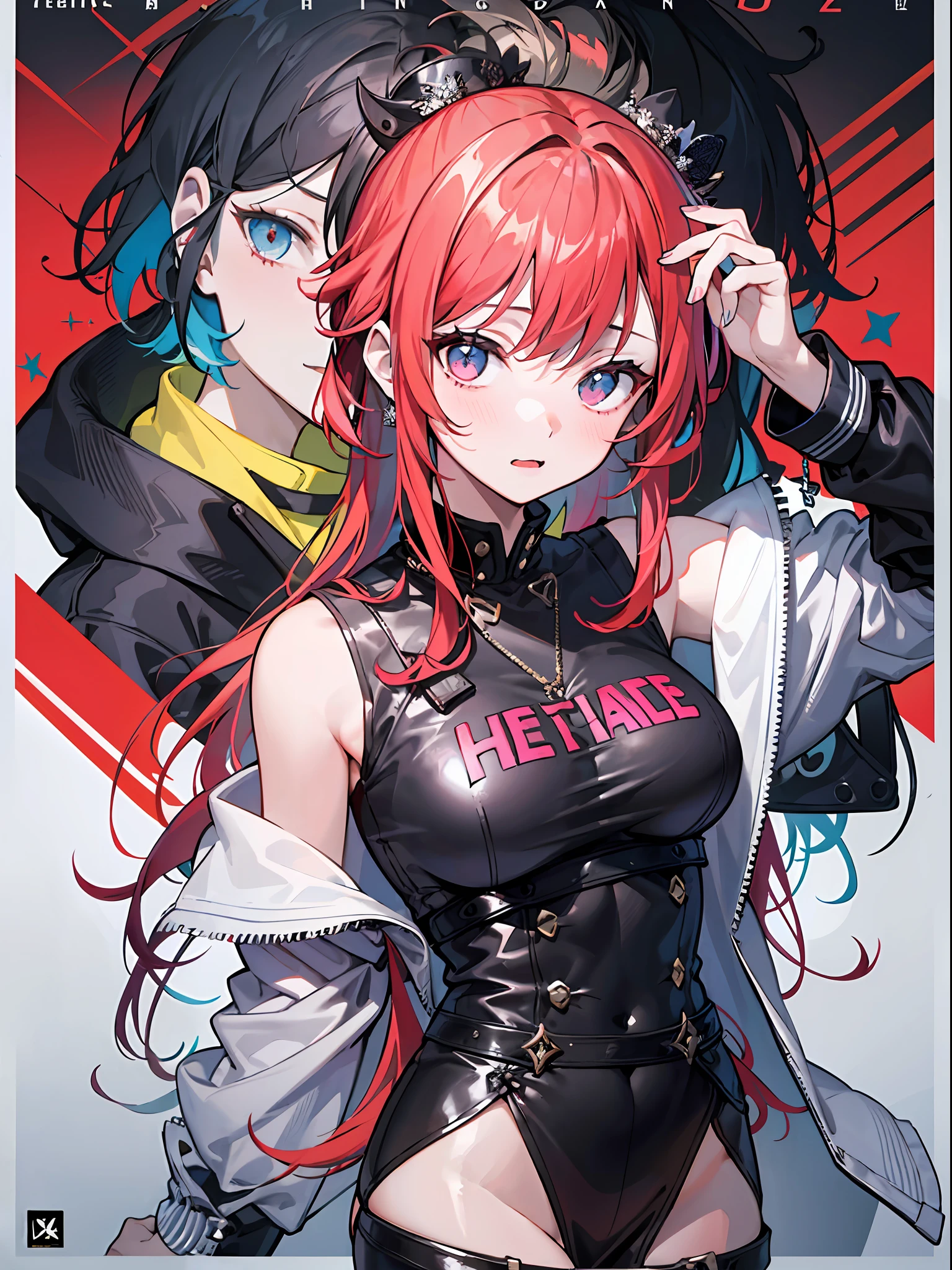 (masterpiece、top-quality、hight resolution)、 Kana Arima \(Oshinoko\), full of shyness、red hairs、Bob Hair、red blush、Wavy mouth、(((Dramatic)))、(((gritty)))、(((vehement))))The poster of the film appears as a central character。She is shy in the center of the poster、Wearing an idol costume、Has a determined look。The background is dark and rough、I feel like I'm drunk。Text is bold and eye-catching、Catchy slogans add to the overall drama and excitement。The color palette is dominated by dark colors.、Bright colors dotted、Make your poster dynamic and visually impactful、Tachi- e(magazine:1.3)、(cover-style:1.3)、Fashionable、with a vibrant、outfits、the pose、the front、colourfull、Dynamic、Background with、element、self-assured、Expressively、ngel、statement、attachment、An majestic、coiled、surroundings、Touch、The scene、Texto、covers、boldface、grab attention、Titles、lo fashion、Font、Catchy、Titles、Large、grab attention、moderno、 Trendy、concentrating、Stylish、1 girl in、a miniskirt