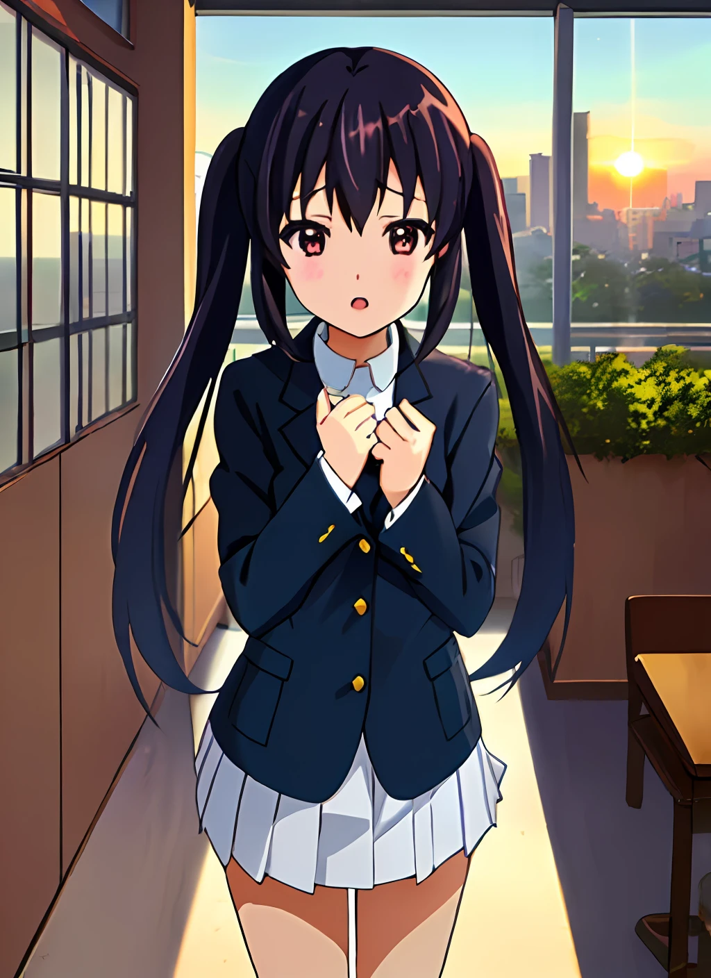 1girl, (((​masterpiece))), top-quality, top-quality, High Details, nakano azusa, 1girl, Sakuragaoka High School Uniform, student clothes, Twin-tailed, length hair, A dark-haired, brown-eyed, 独奏, reddish, Dark blue blazer with thin red ribbon, Solid white buttoned shirt under blazer, illustratio, comic strip, soothing tones, Subdued Color, Soft cinematic light, adobe lightroom, photolab, HDR, intricately and hyper-detailed、(((depth of fields))))。(((​masterpiece)))。(((top-quality))).)((ultra-detailliert)))。(((illustratio)))。(((takeout))).dynamic focus.((big breasts)).(((Skyscrapers))).(((A city scape))).(((Face of sadness))). open mouth.(((fighting stance))).(((up chest))).((evening glow)).((the setting sun)).