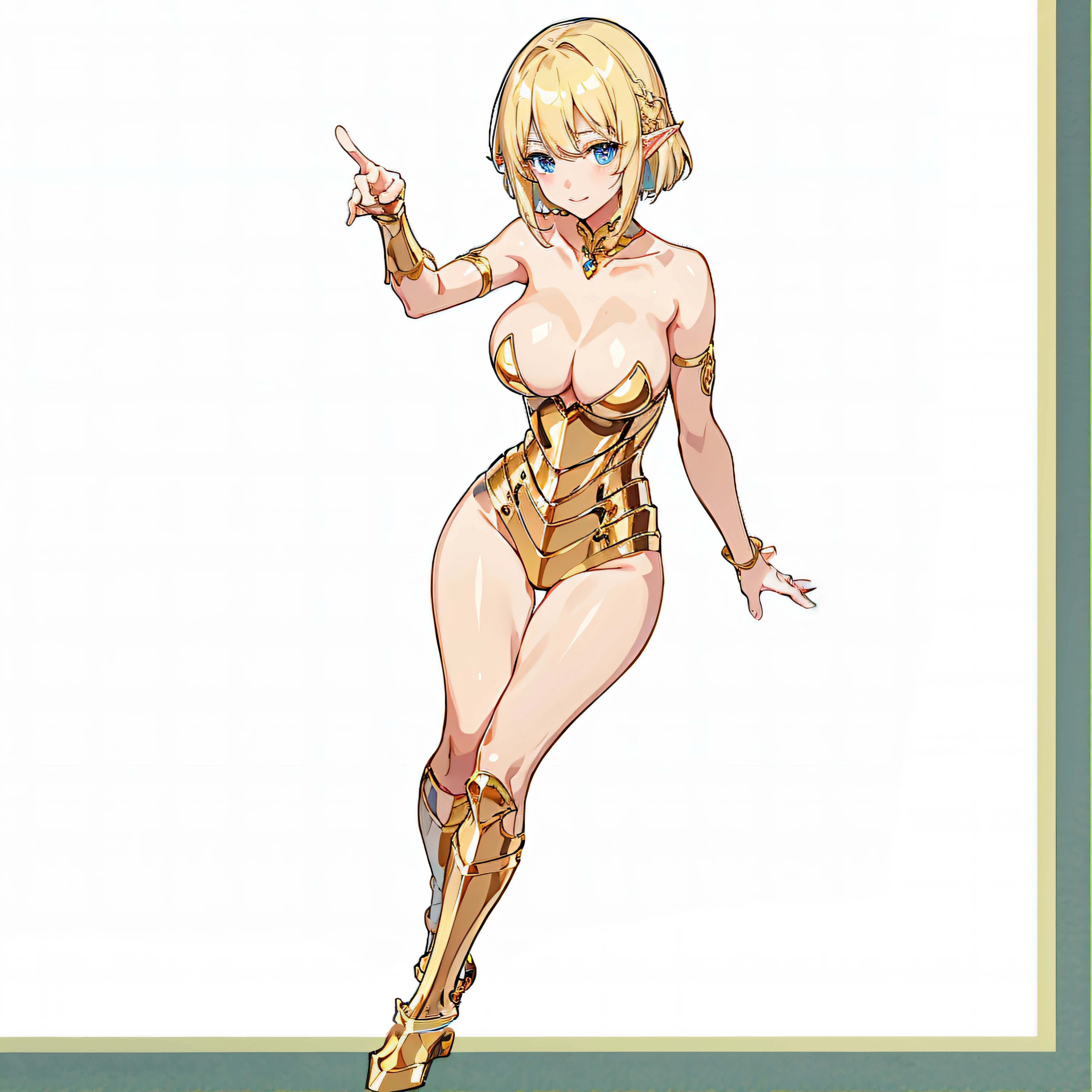 An ultra-high picture quality、White panty、extremely transparent skirts、Very transparent bra、Full body like、A smile、Very slender、Anime girl with blonde hair and gold armor posing naked、anime girl with a very big breast and a very big breast、Elven Girl、anime goddess、Perfect Style、The fleshy feeling of whip、short-hair、a blond、Blue eyes、alluring elf princess knight、Very open chest、oppai proportions、(Exposed seductive attractive cleavage:1.3)、teats、You can almost see the areola、Wet sheer skirt、Ultra-thin skirt、Ecchi anime style、Glittering golden armor、Angel Smile、angelic golden armor、Glamorous bikini armor、Beautiful fingers、Gold hair ornament、Gold bangles、Gold ankles、Gold Long Boots、Girl in armor、Sexy body、Emphasizes cleavage